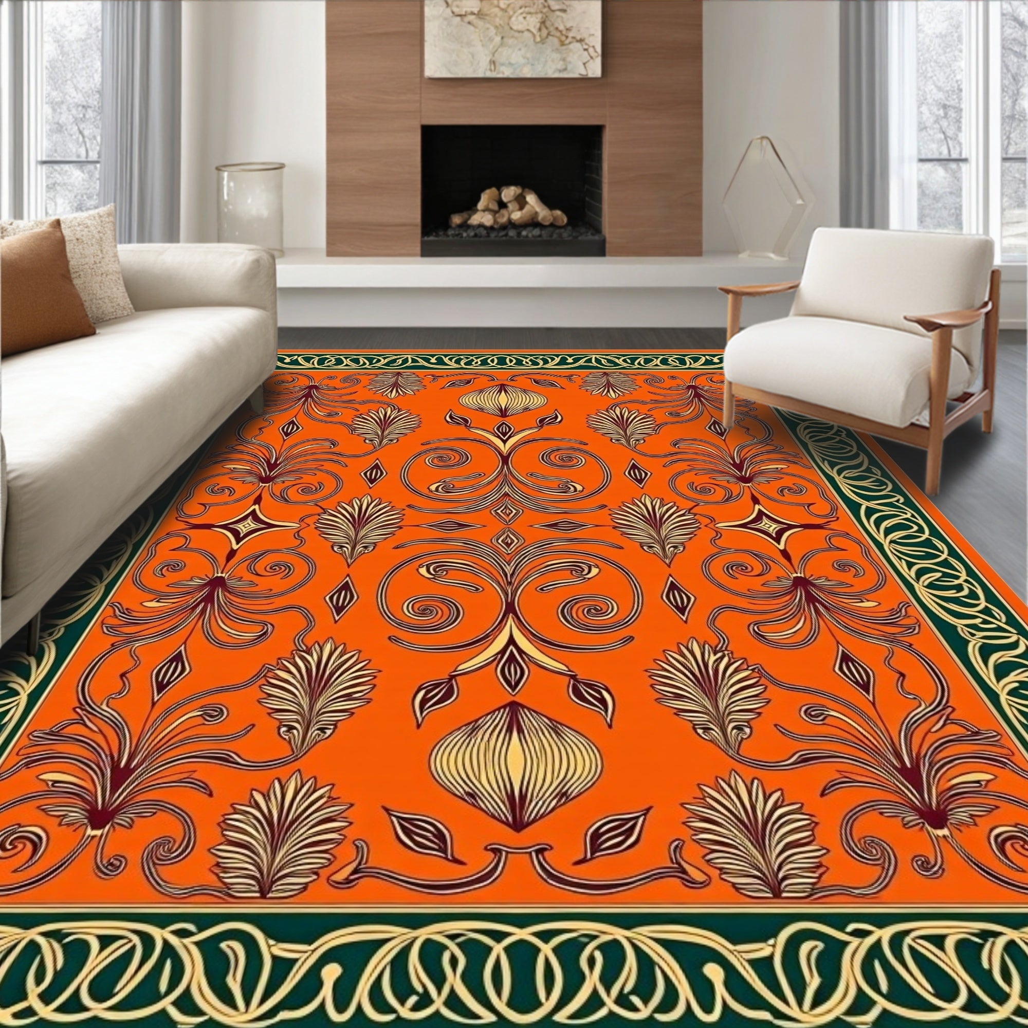 Enchanting Orange Floral Scroll Medallion Rug