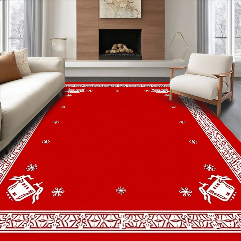 Bright Red Festive Village Snowflakes Rug