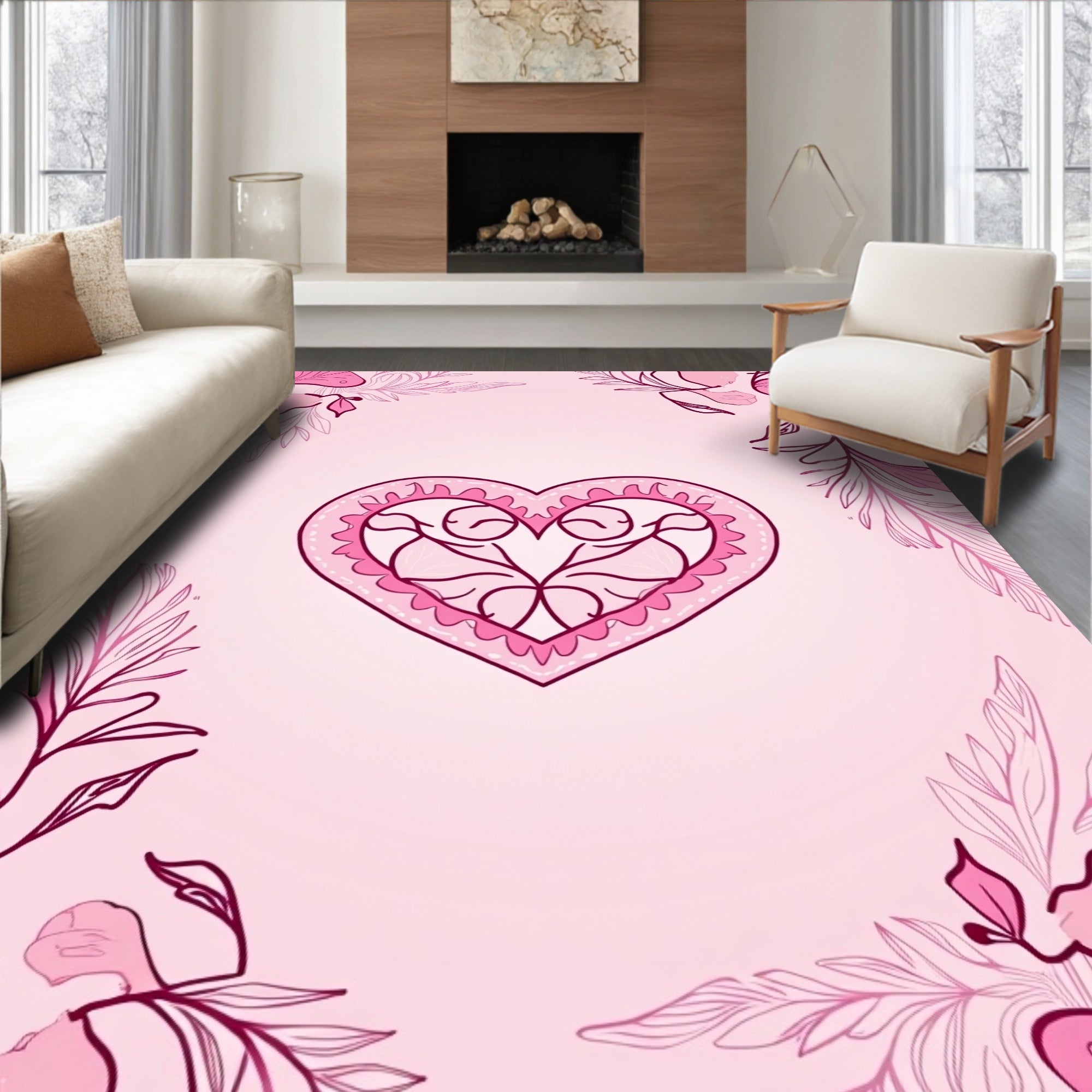 Pink Heart Floral Border Rug