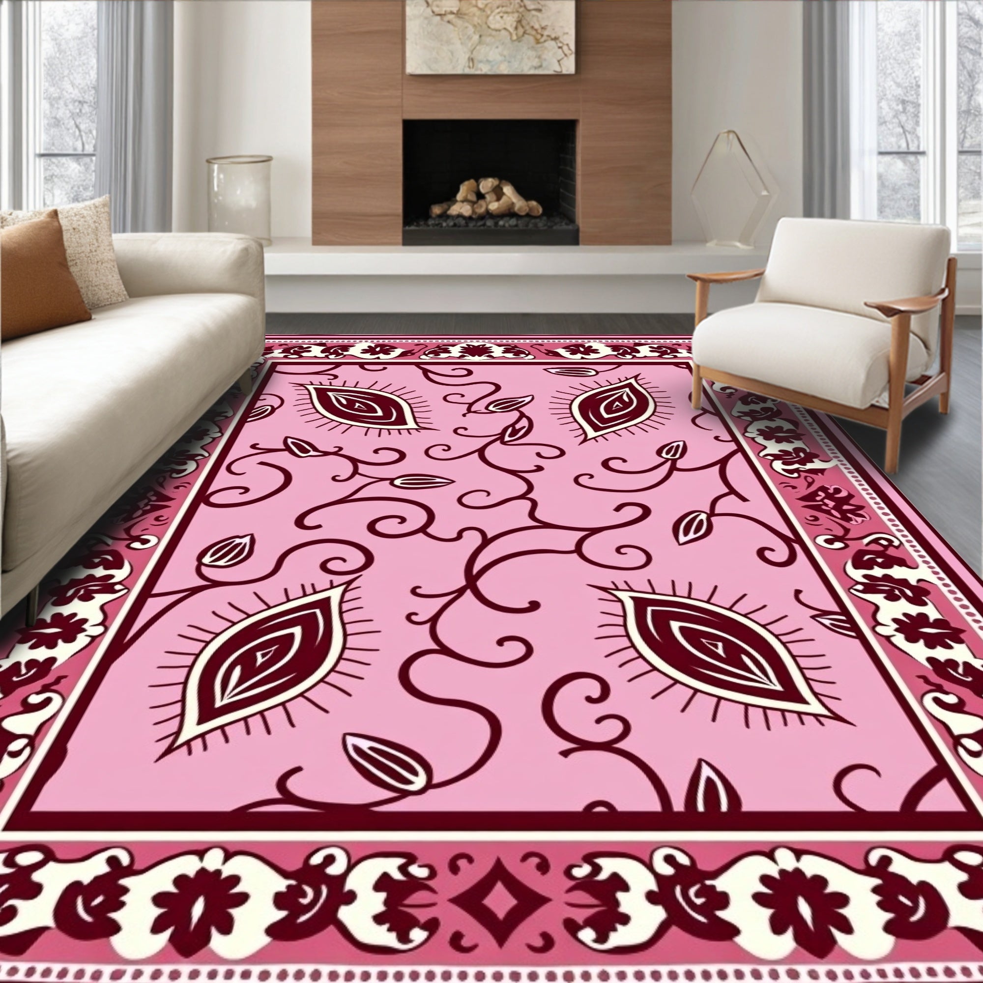 Pink Paisley Floral Scroll Rug