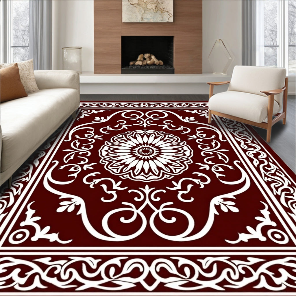 Rich Burgundy White Floral Scroll Rug