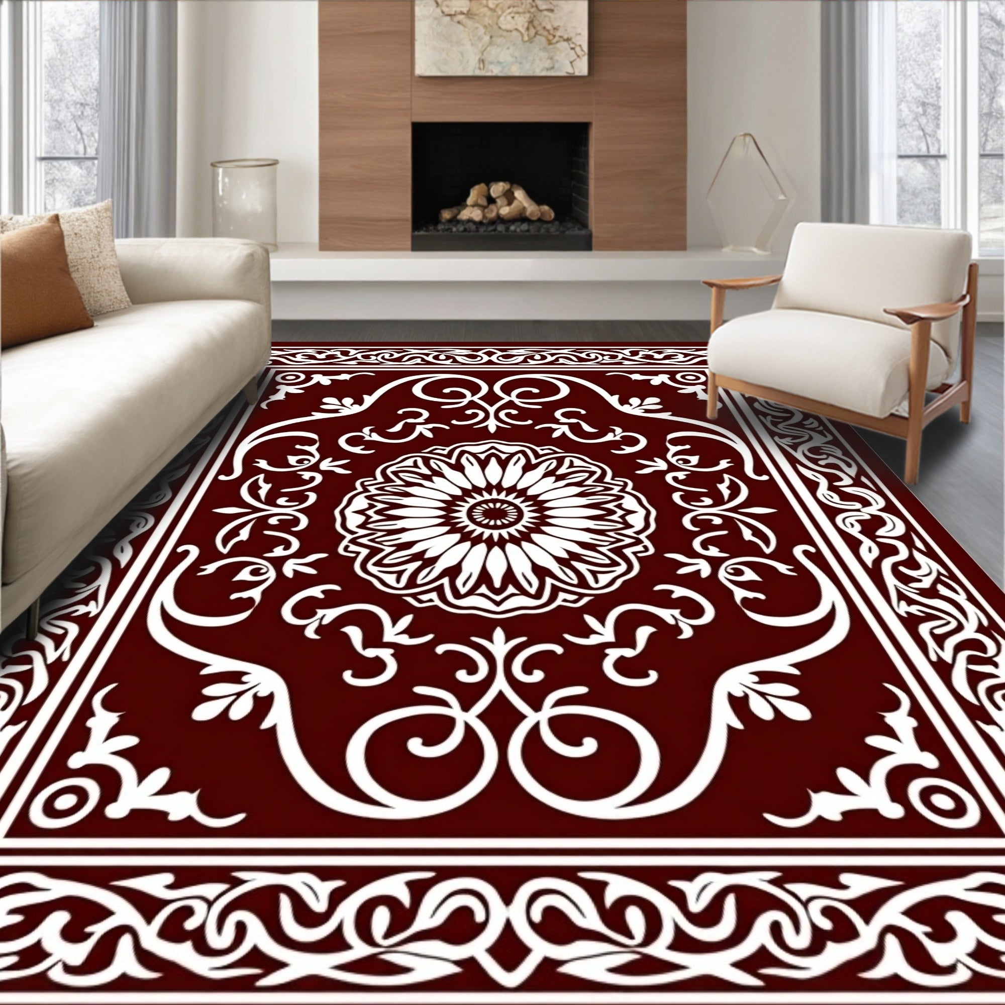 Rich Burgundy White Floral Scroll Rug