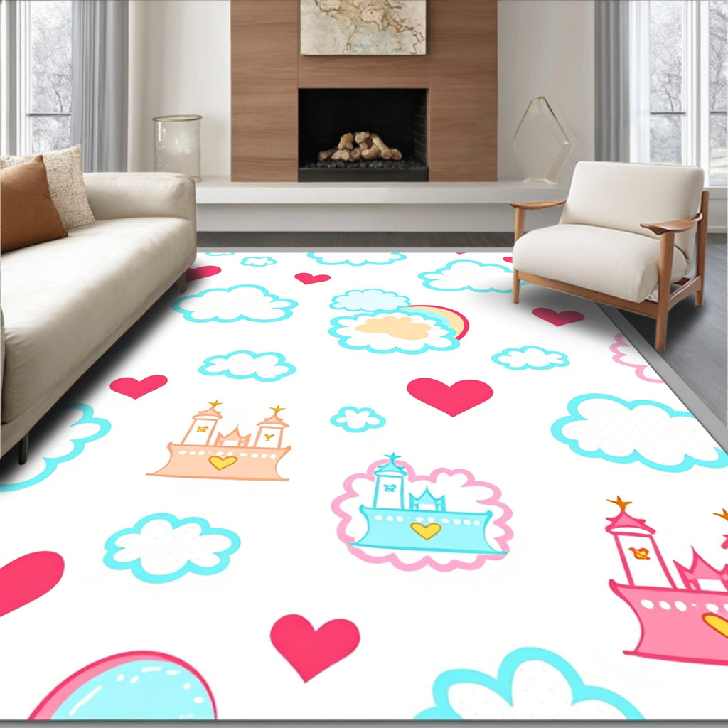 Whimsical Pink Castle Cloud Heart Rug