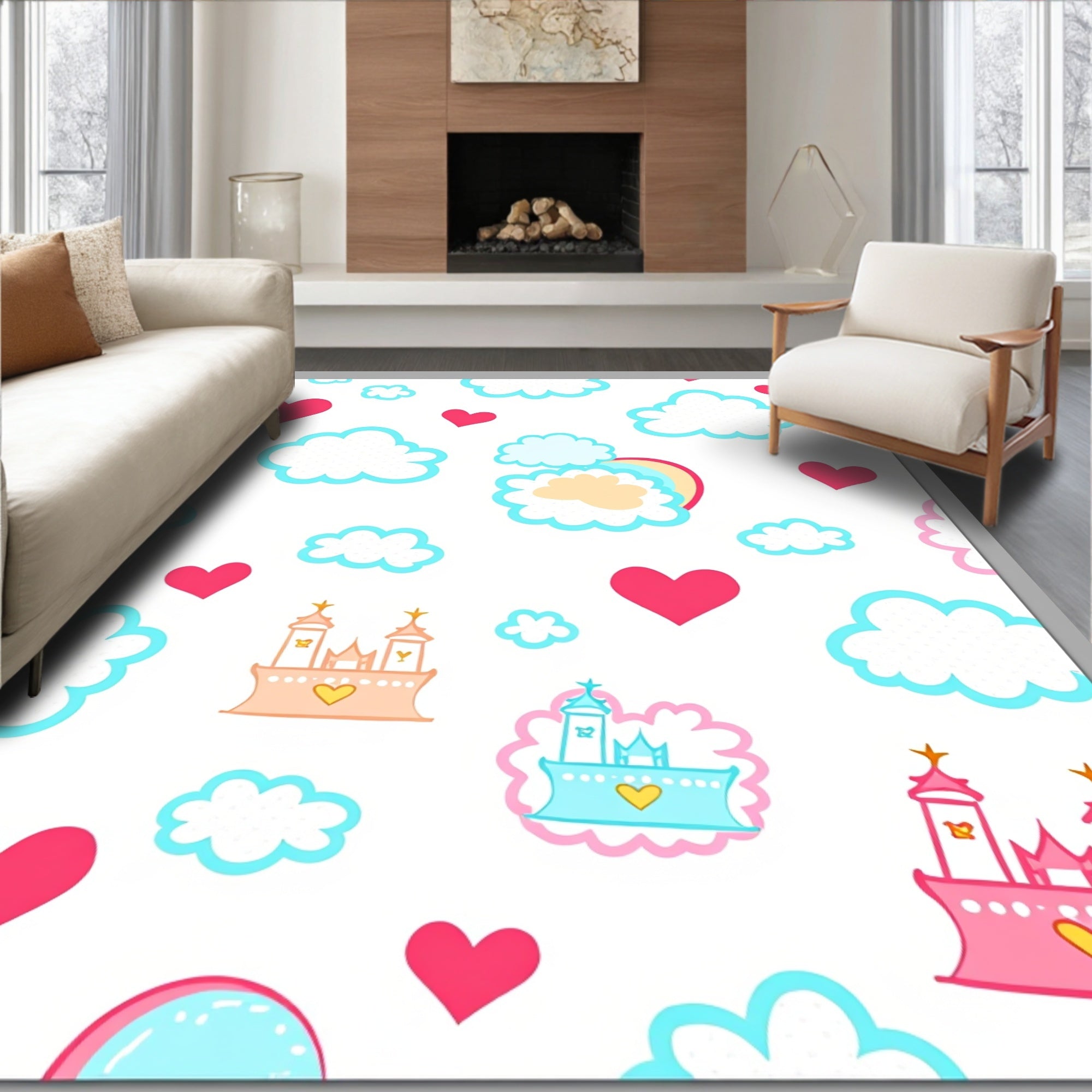 Whimsical Pink Castle Cloud Heart Rug