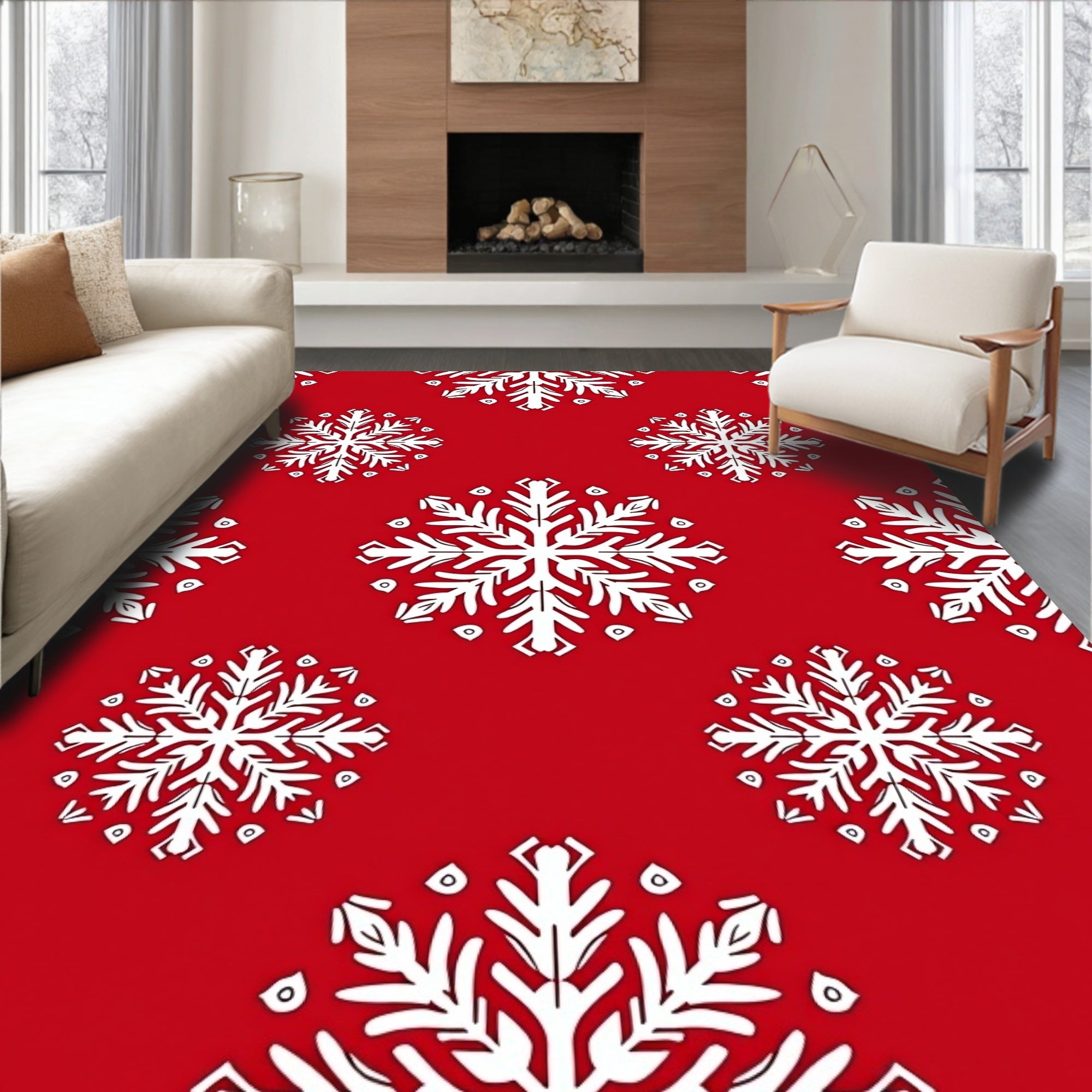 Crimson White Snowflake Repeat Rug