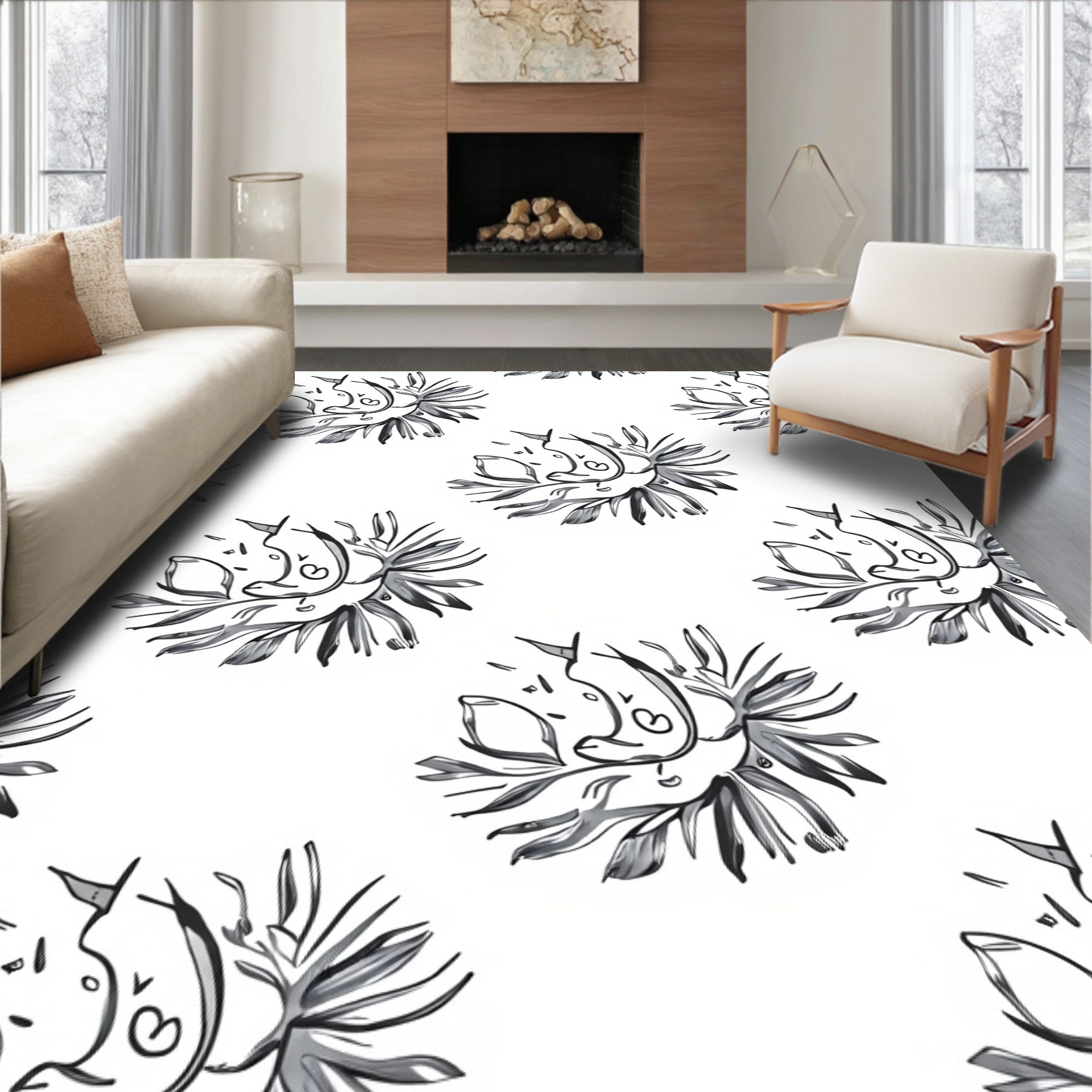 Abstract Black White Floral Sunburst Rug