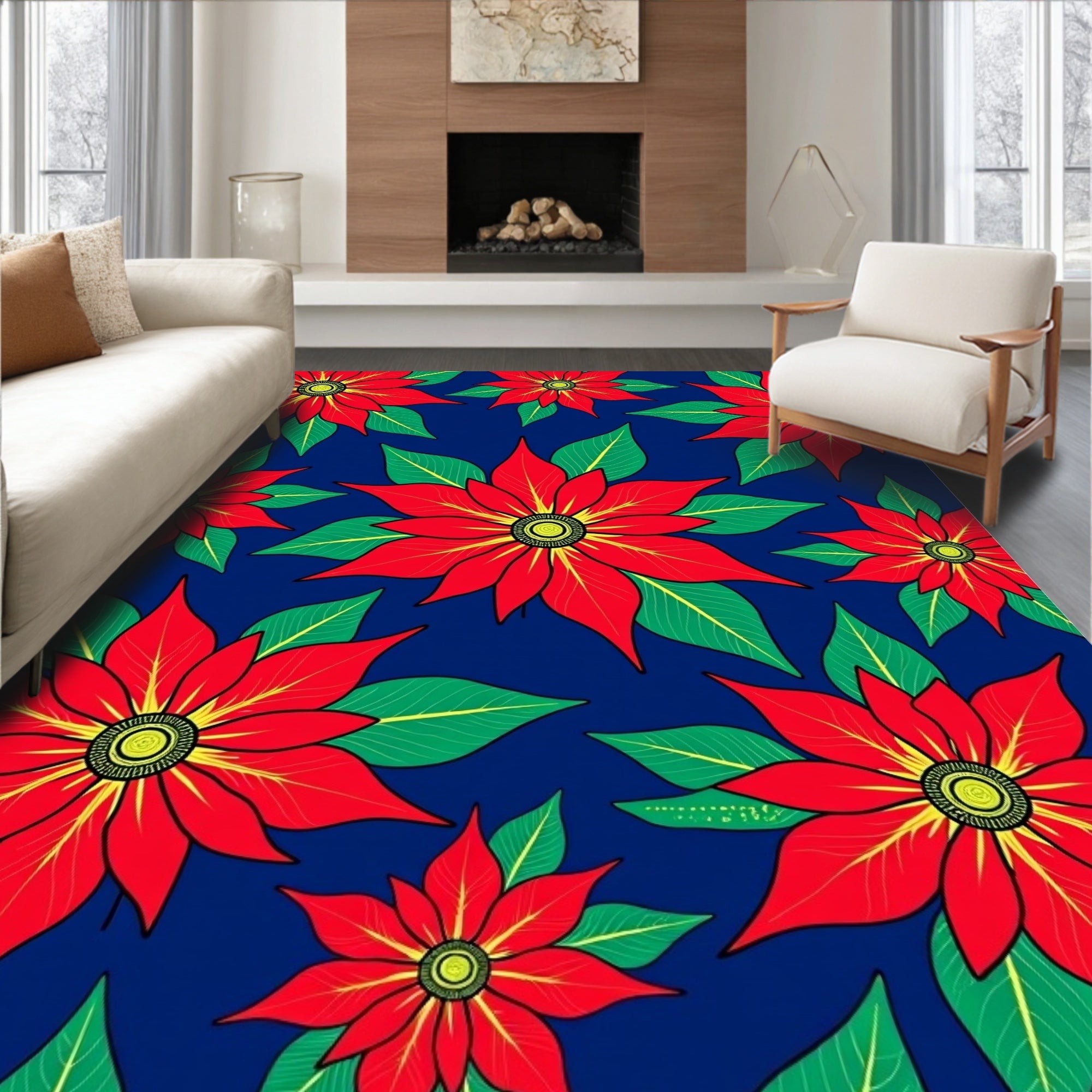 Bold Red Floral Poinsettia Garden Rug