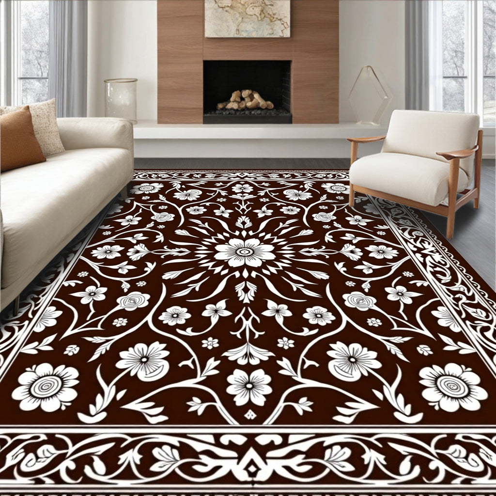 Dark Brown White Floral Medallion Scroll Rug