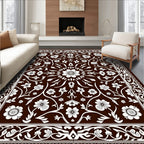 Dark Brown White Floral Medallion Scroll Rug