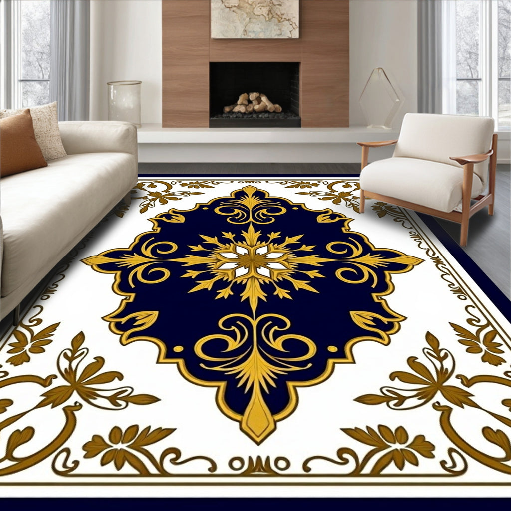 Ornate Navy Gold Floral Medallion Rug