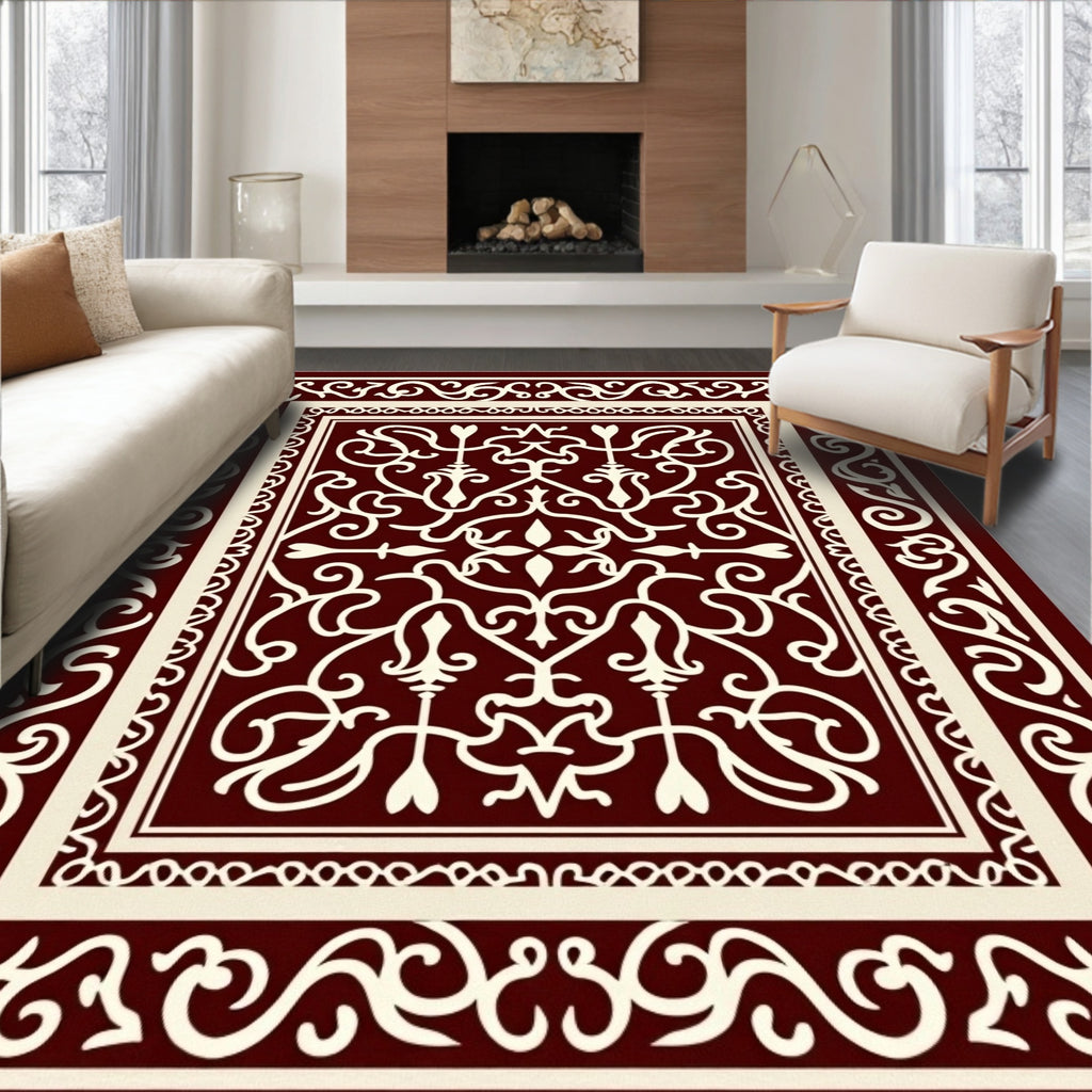 Deep Red Cream Scrollwork Medallion Rug