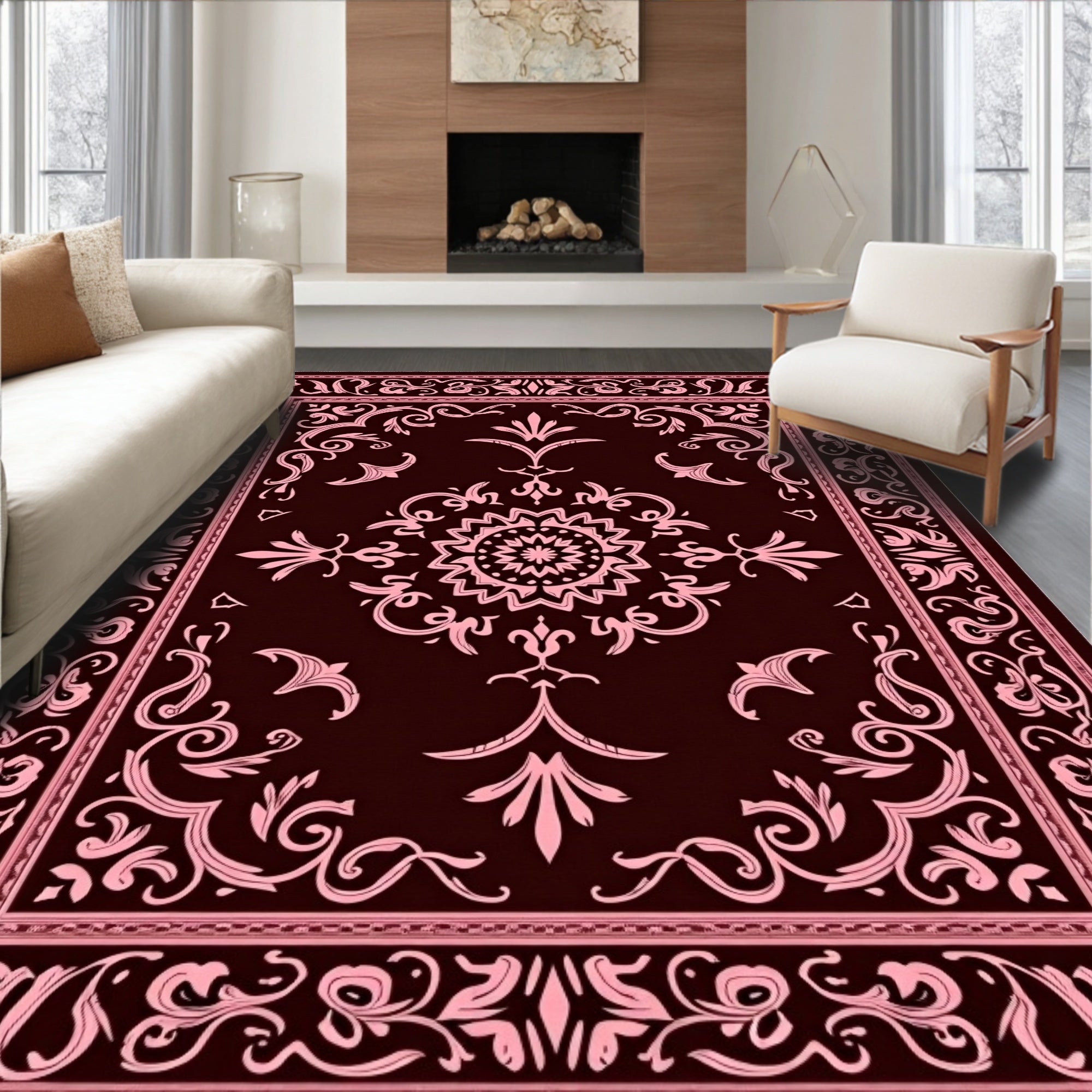 Crimson Floral Medallion Swirl Rug