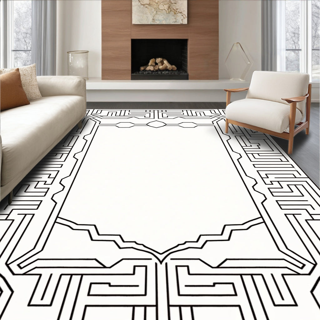 Black White Geometric Labyrinth Border Rug