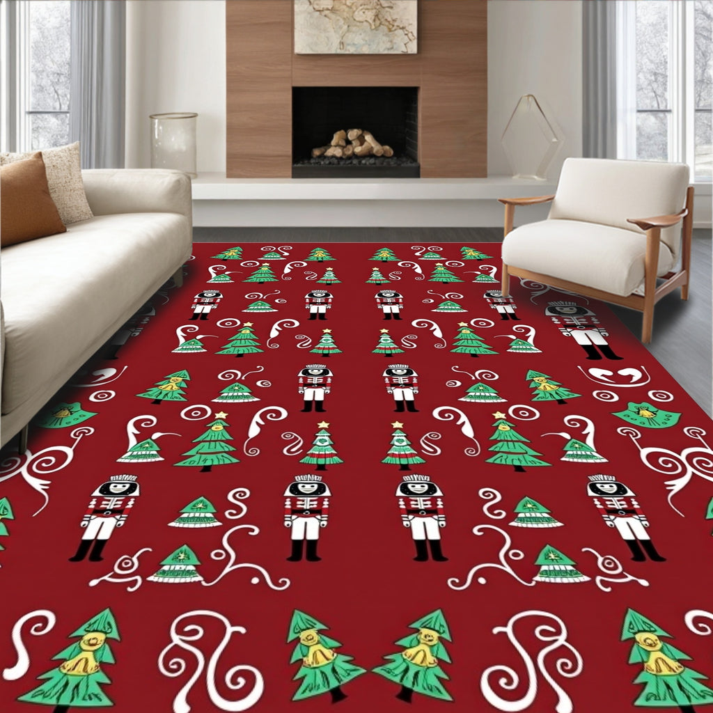 Festive Red Christmas Tree Nutcracker Rug