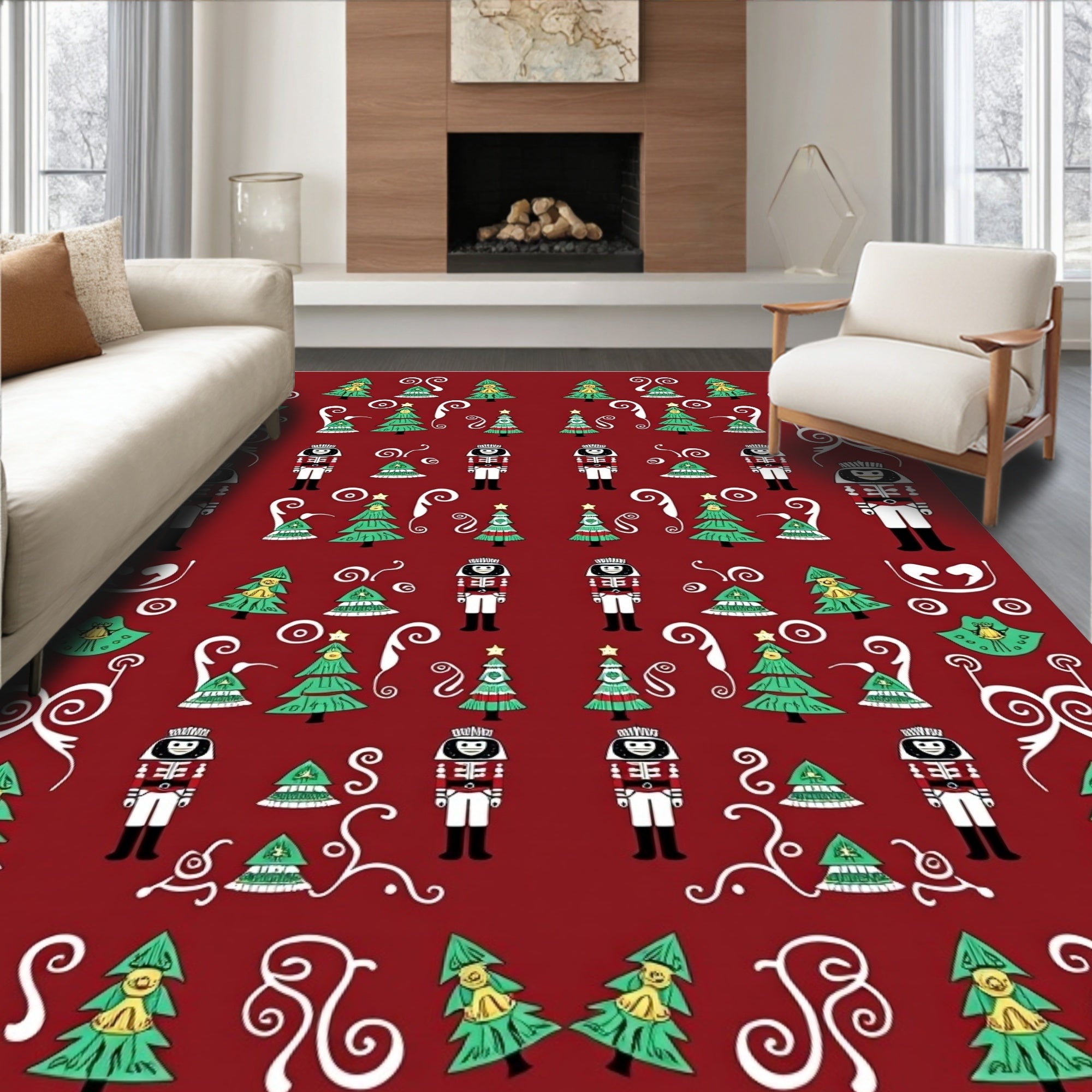 Festive Red Christmas Tree Nutcracker Rug