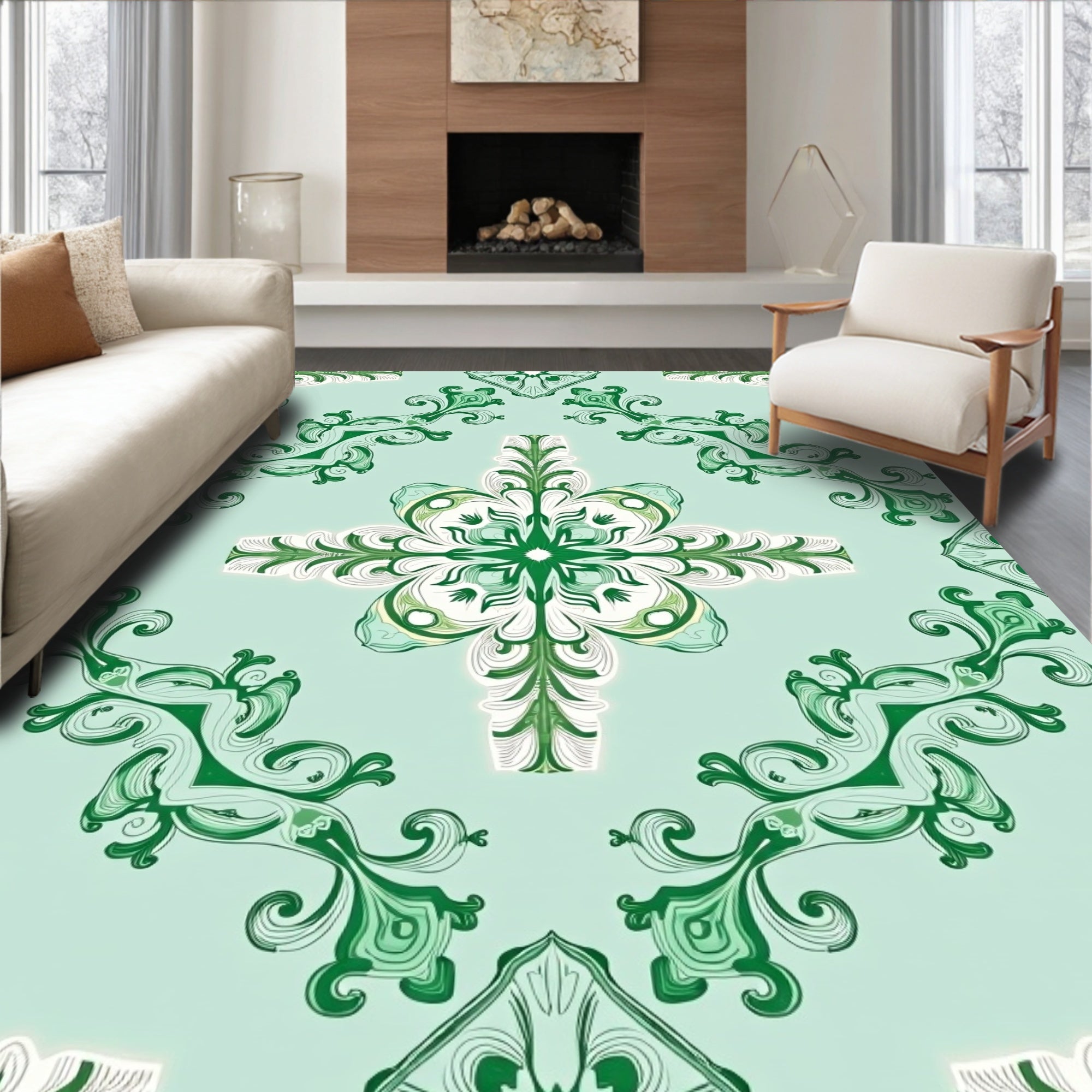 Emerald Green Scrollwork Medallion Rug