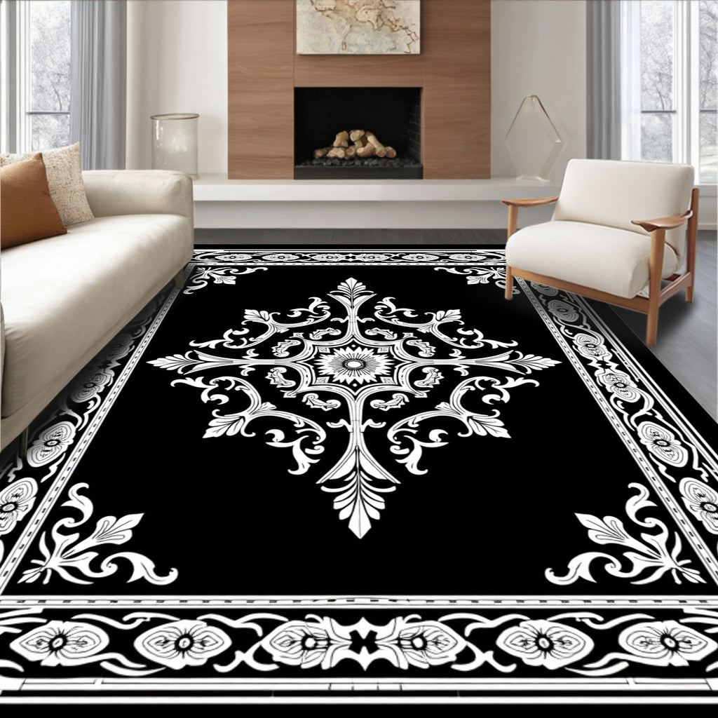 Ornate Black White Floral Medallion Rug