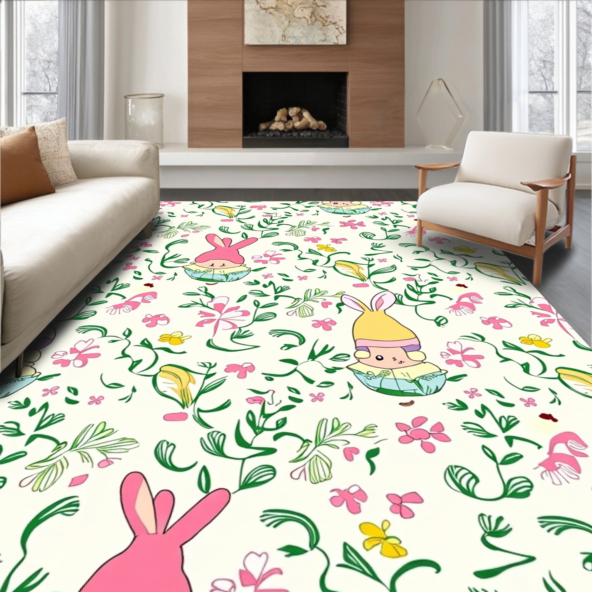 Whimsical Pink Bunny Floral Garden Rug