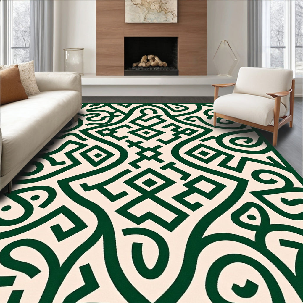Deep Green Scrollwork Geometric Relief Rug