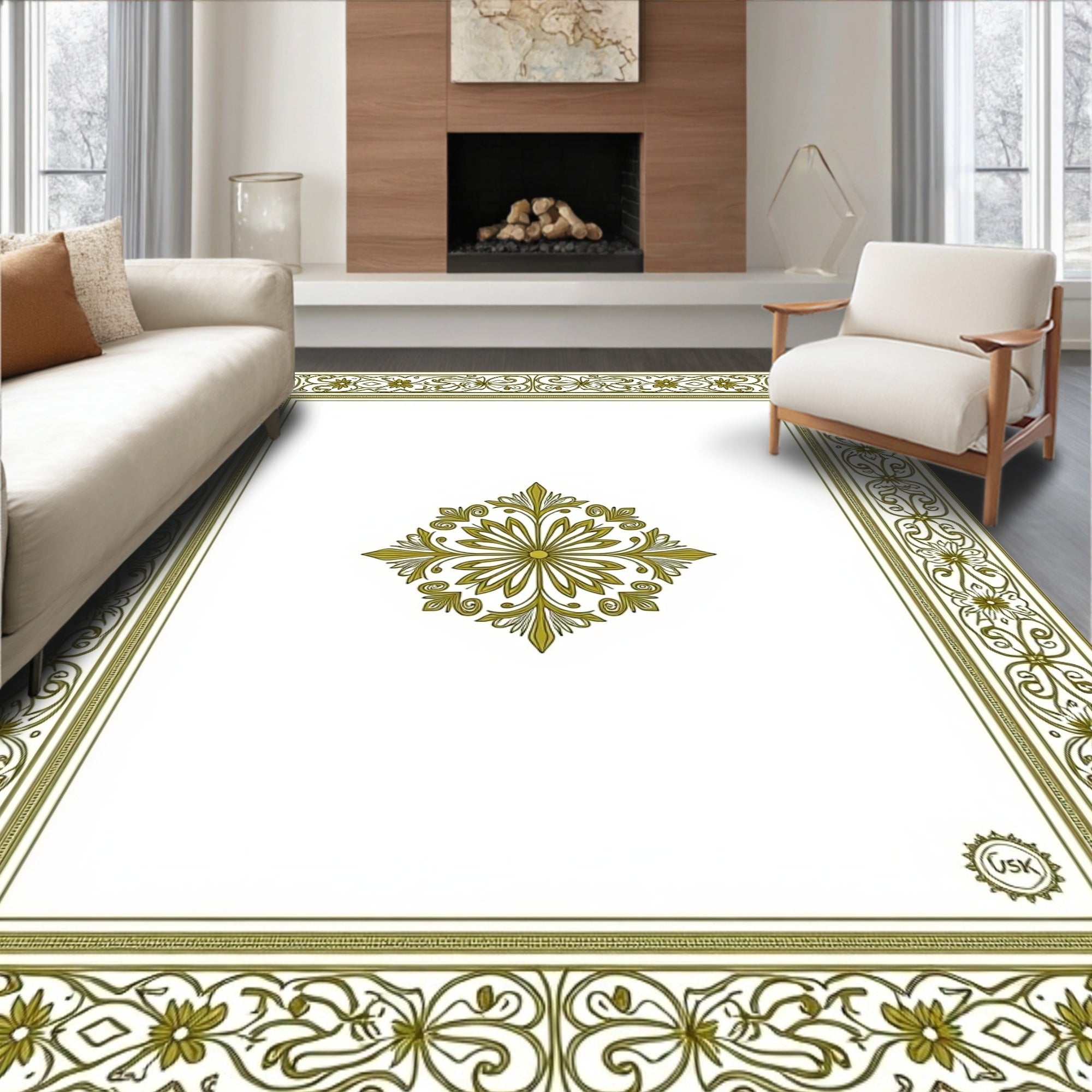 Golden Floral Medallion Border Rug