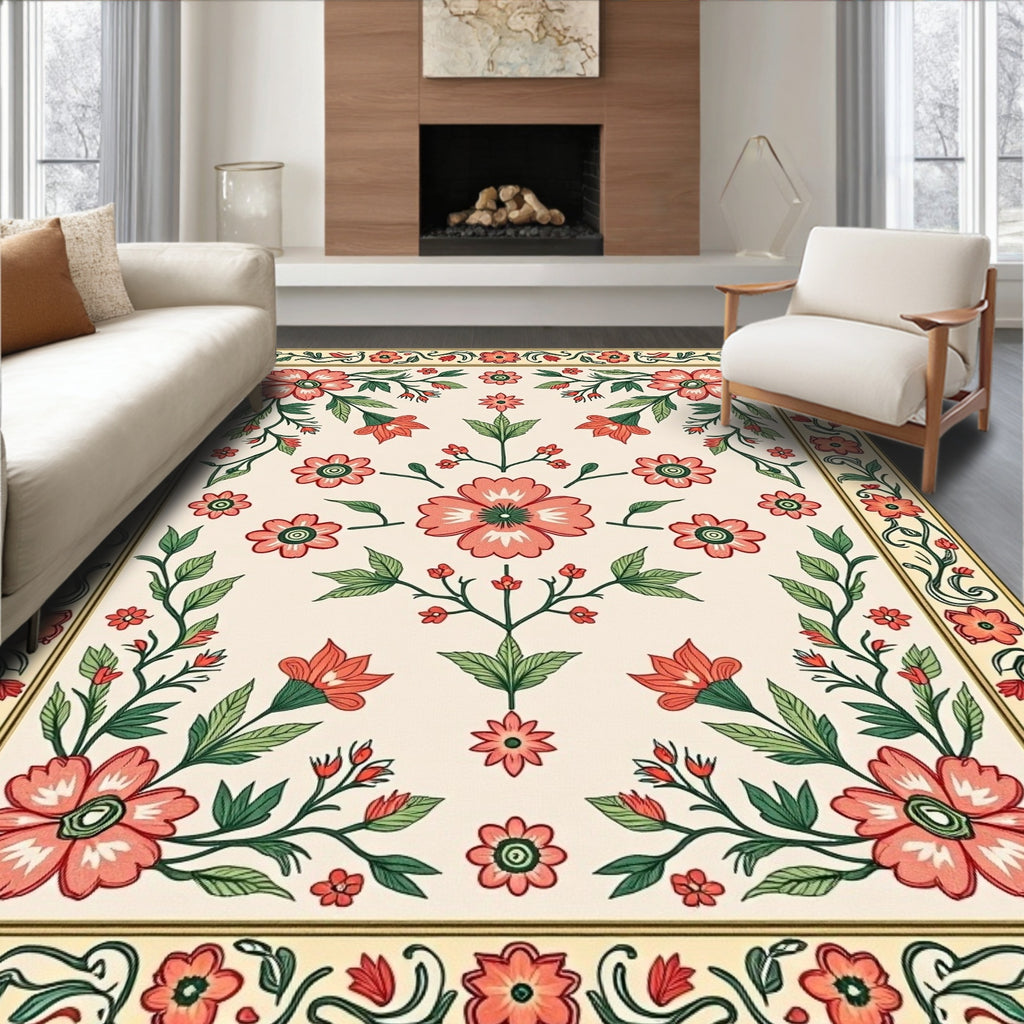 Coral Floral Border Garden Rug