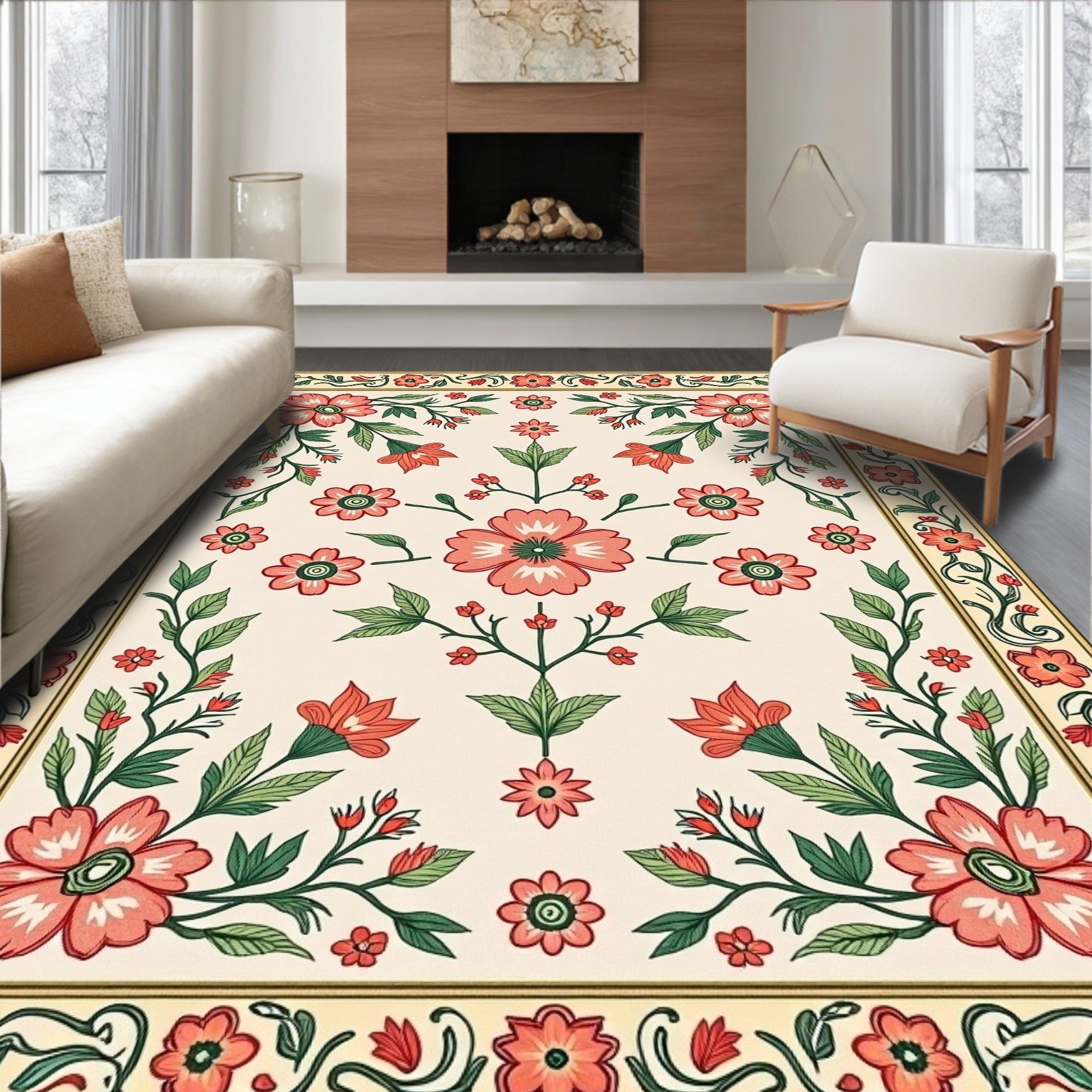 Coral Floral Border Garden Rug