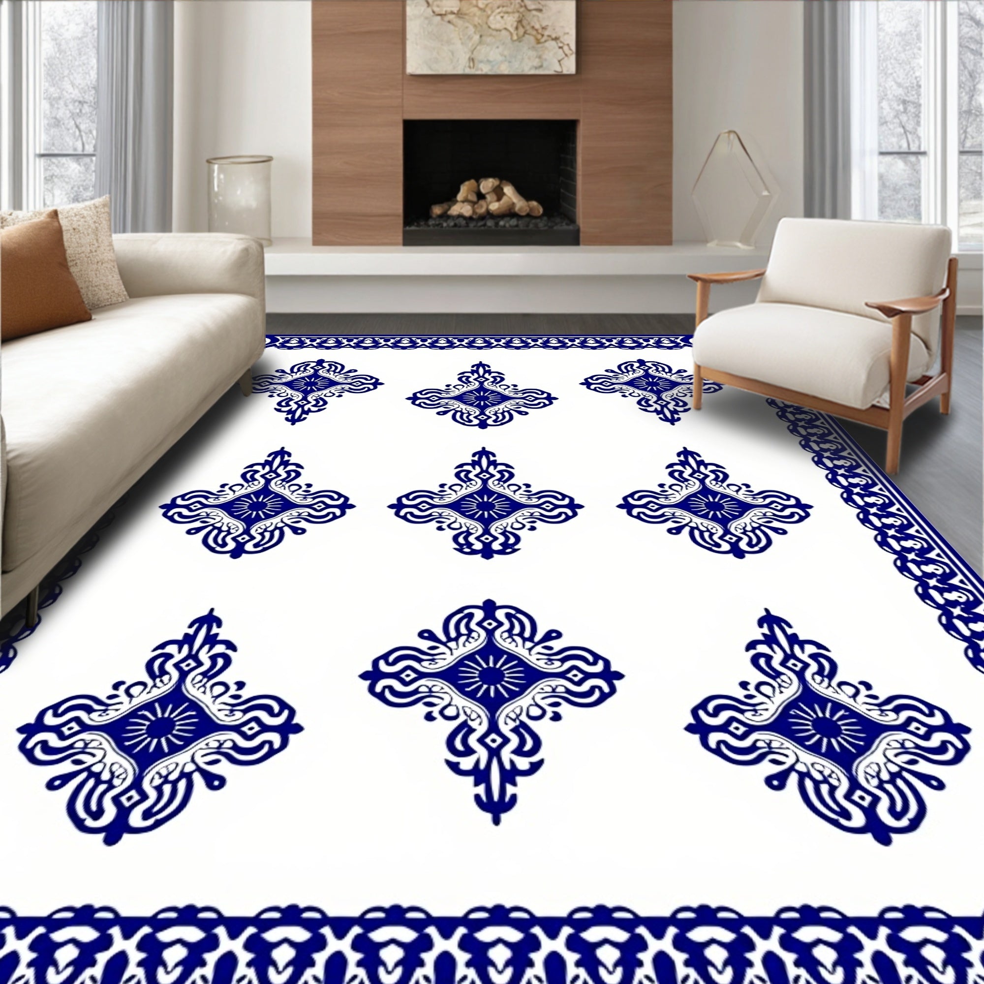 Deep Blue Ornate Medallion Border Rug