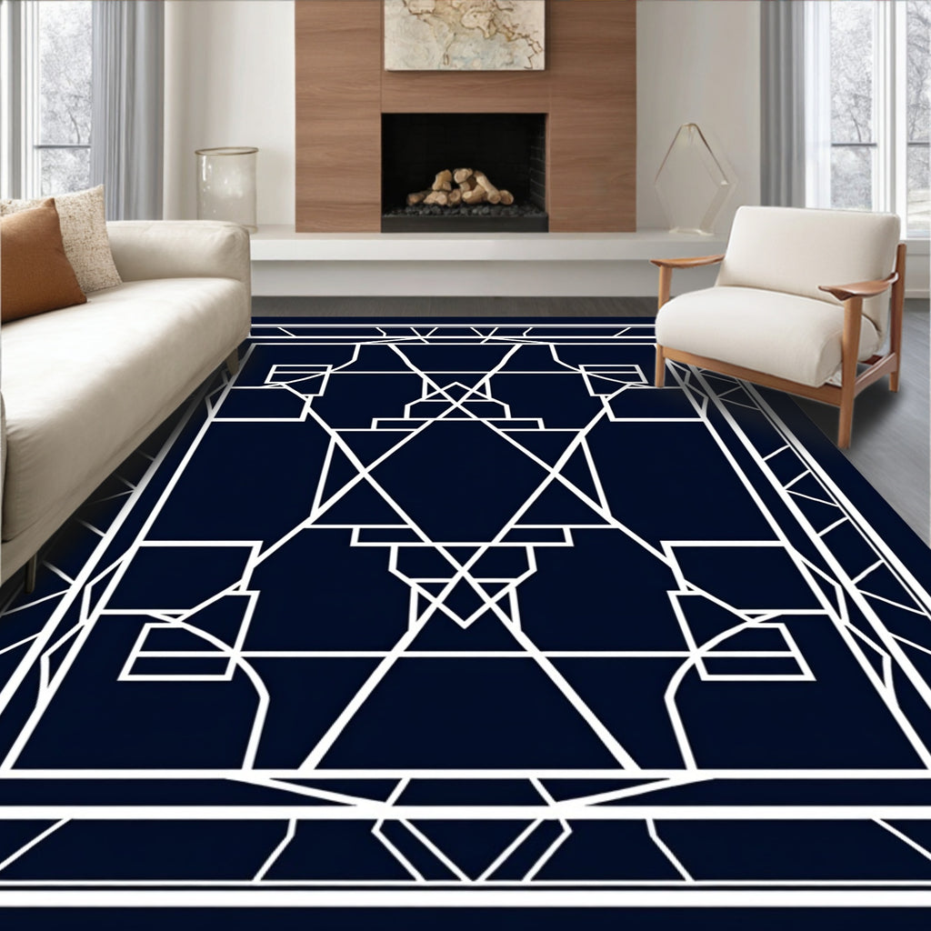 Deep Navy Geometric Architectural Overlay Rug