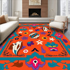 Orange Teal Bird Floral Folk Art Rug