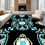 Ornate Black Cyan Floral Mandala Rug