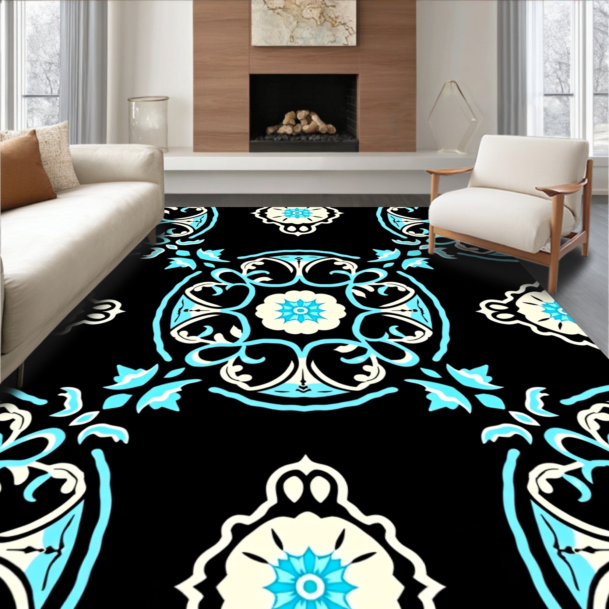 Ornate Black Cyan Floral Mandala Rug