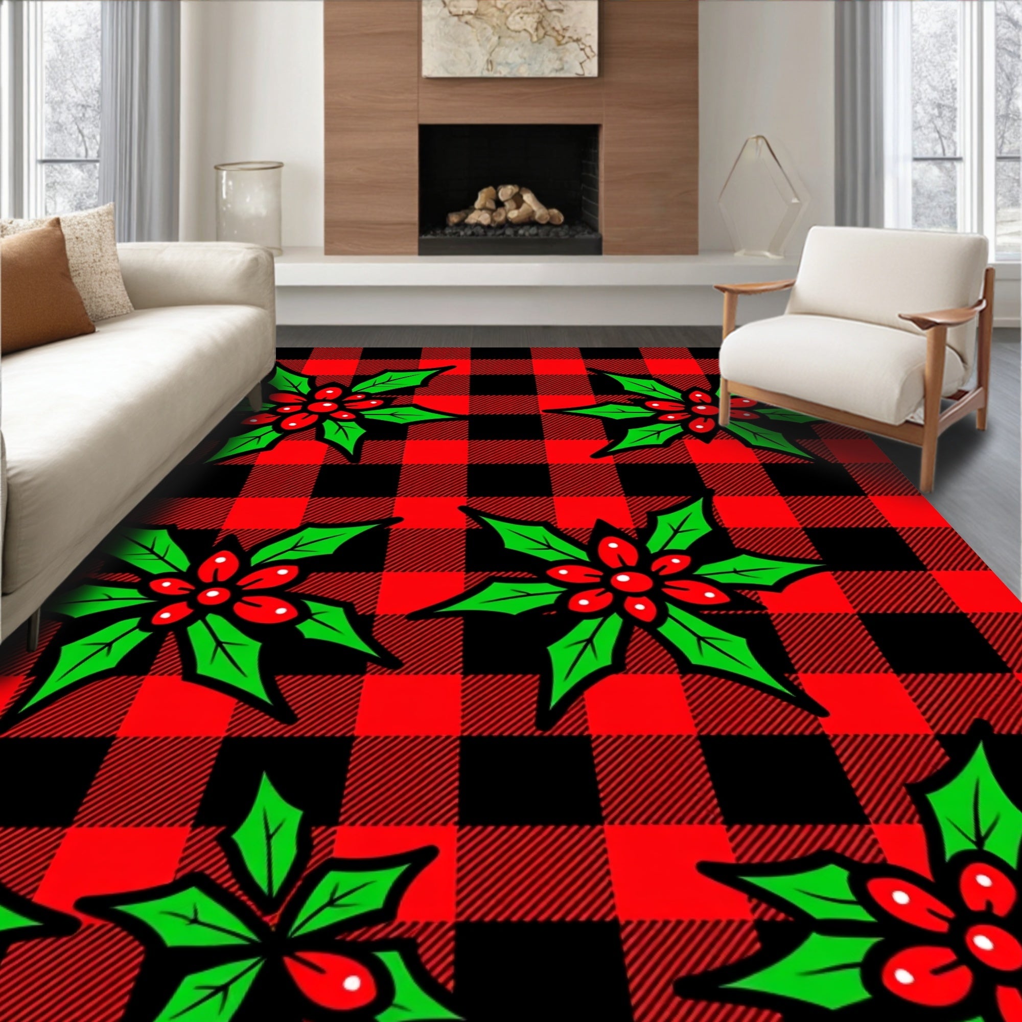 Red Black Buffalo Check Holly Blooms Rug