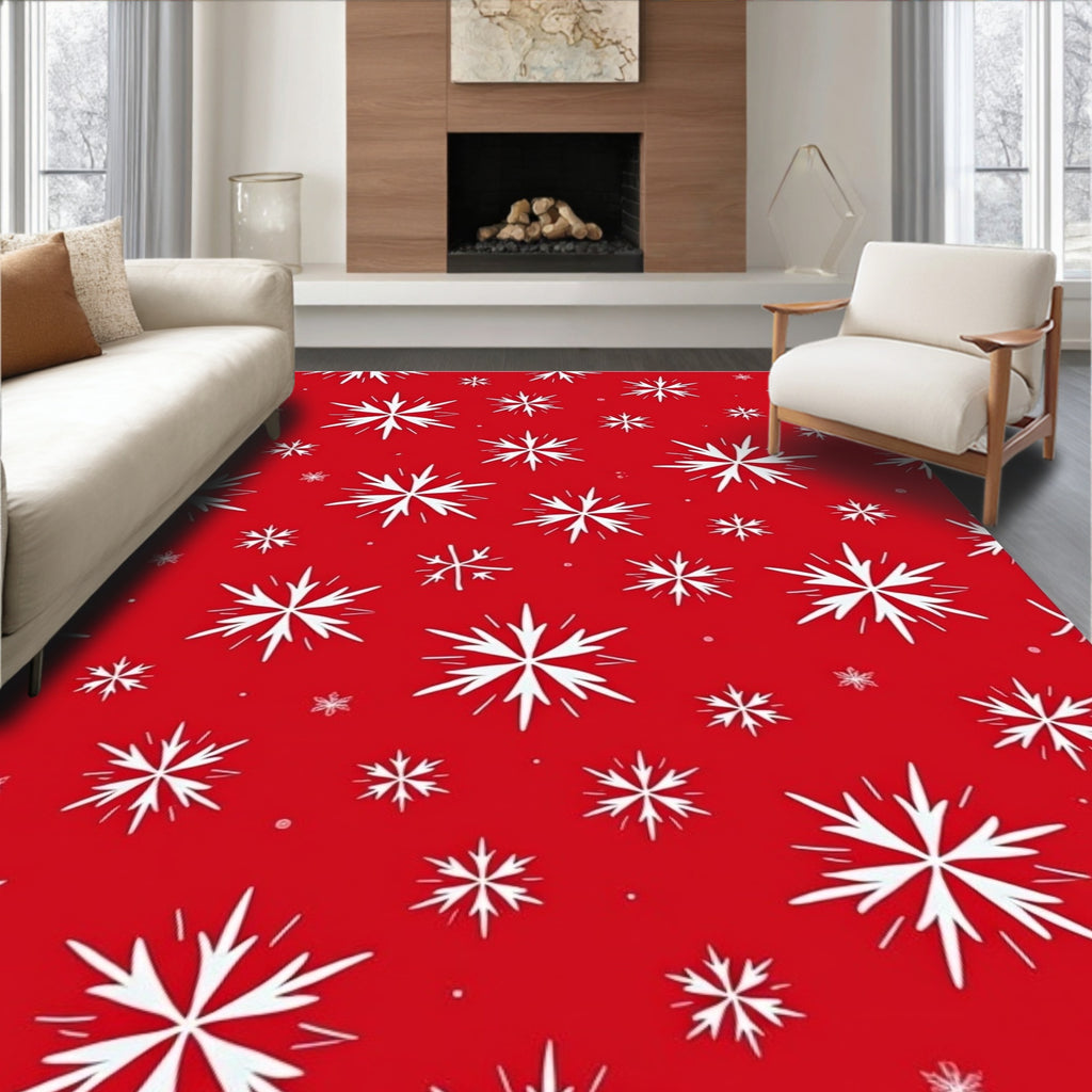 Red White Snowflake Winter Holiday Rug