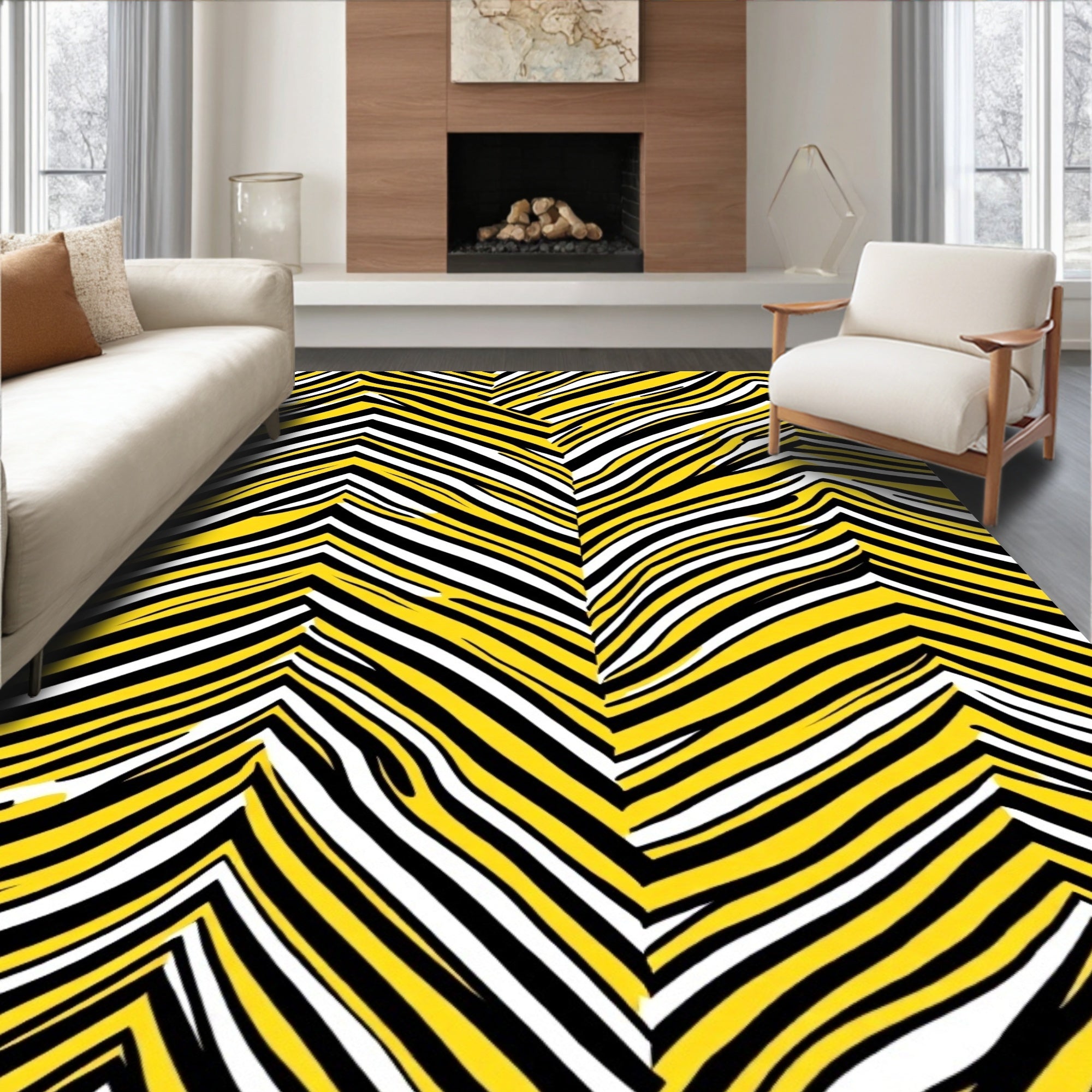 Bold Yellow Black White Jagged Stripes Rug