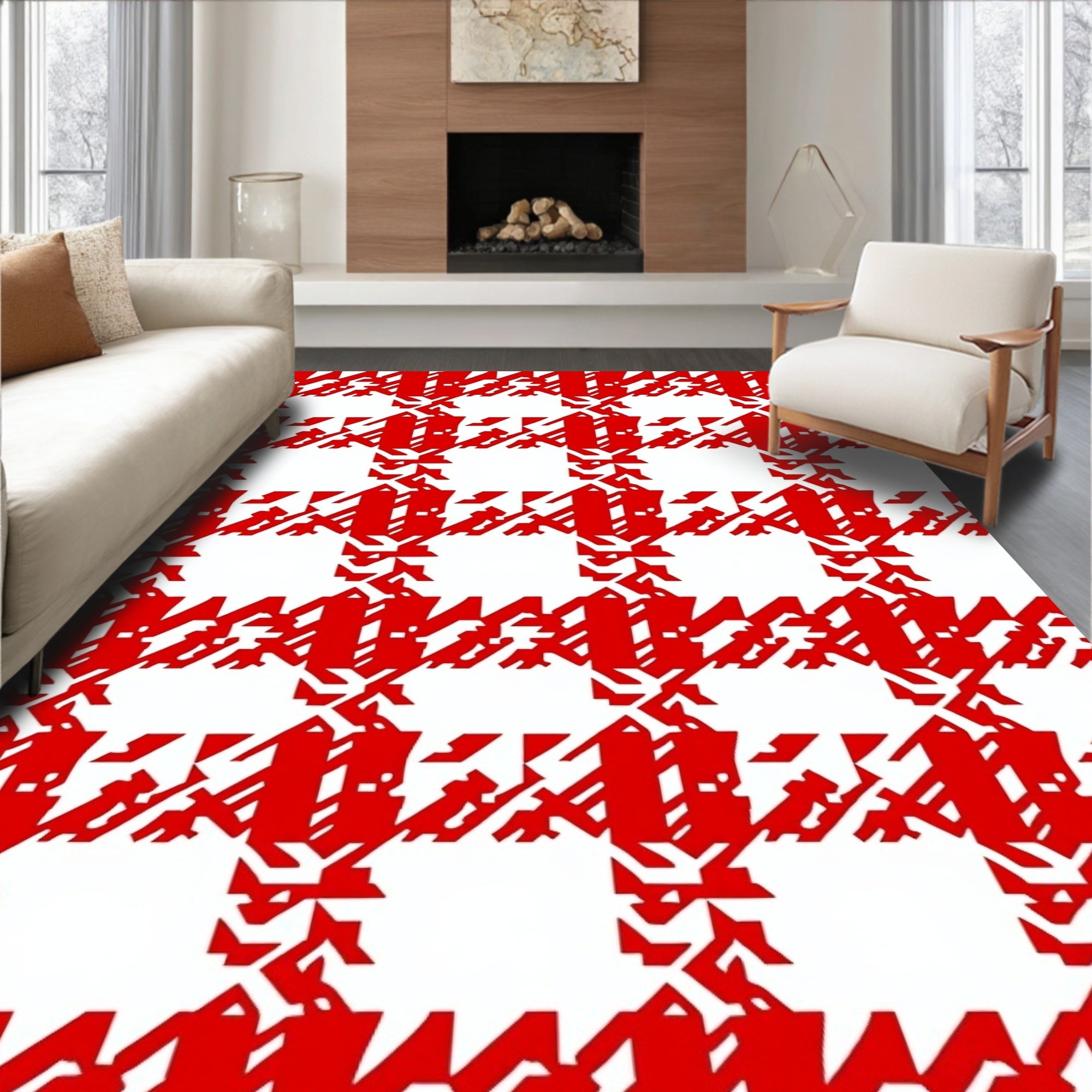Vibrant Red Houndstooth Checkered Rug