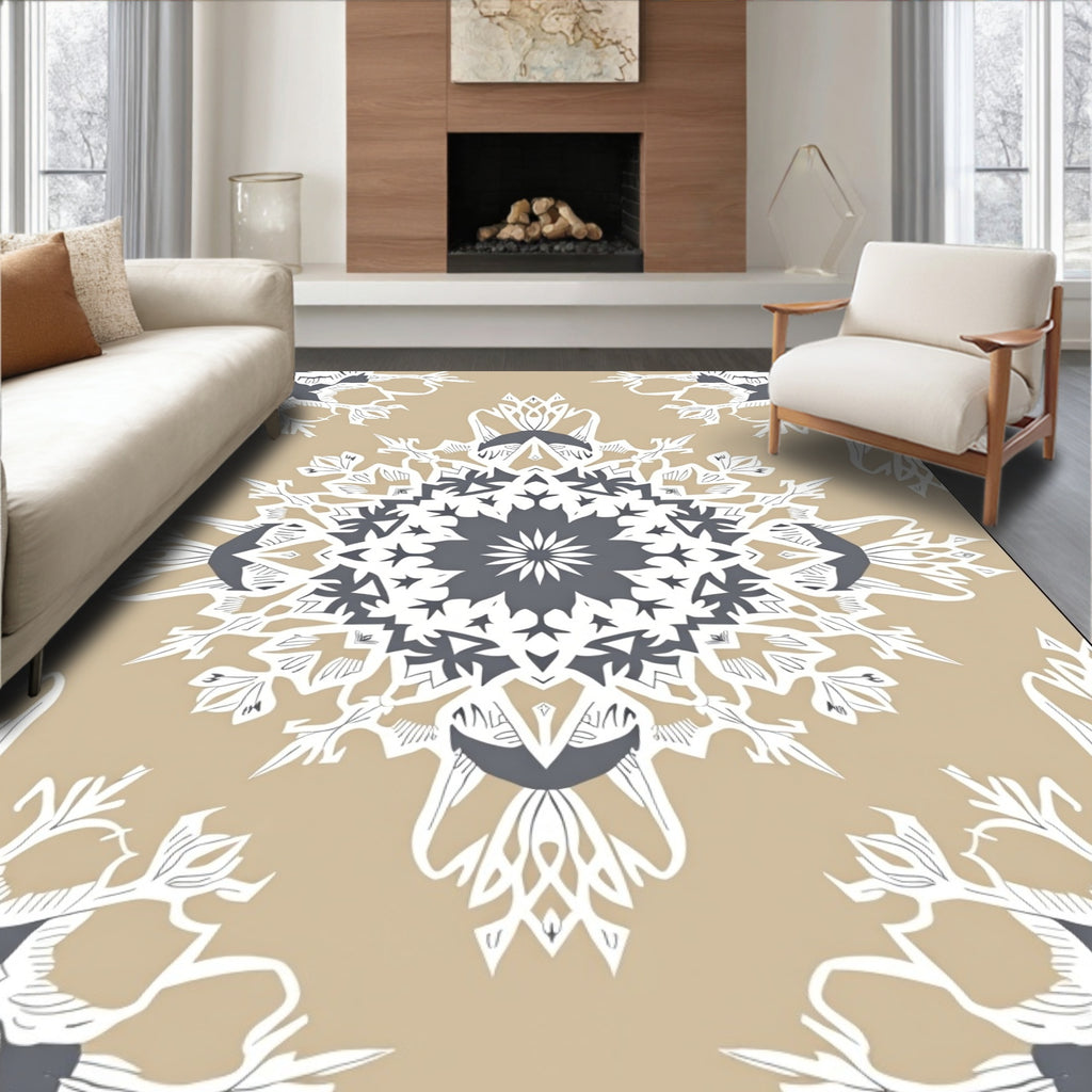 Tan Gray White Ornate Mandala Rug