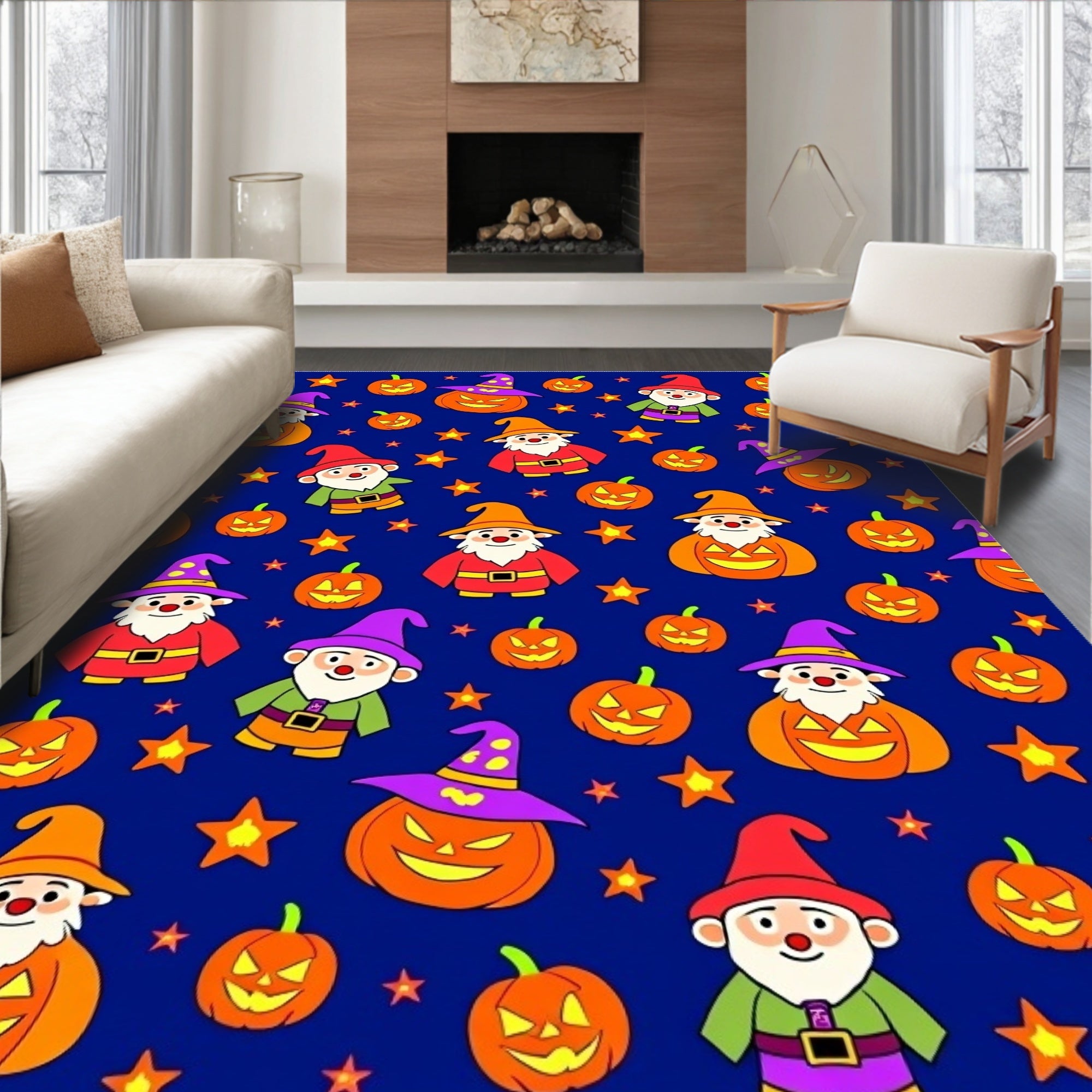 Whimsical Halloween Gnomes Pumpkin Stars Rug