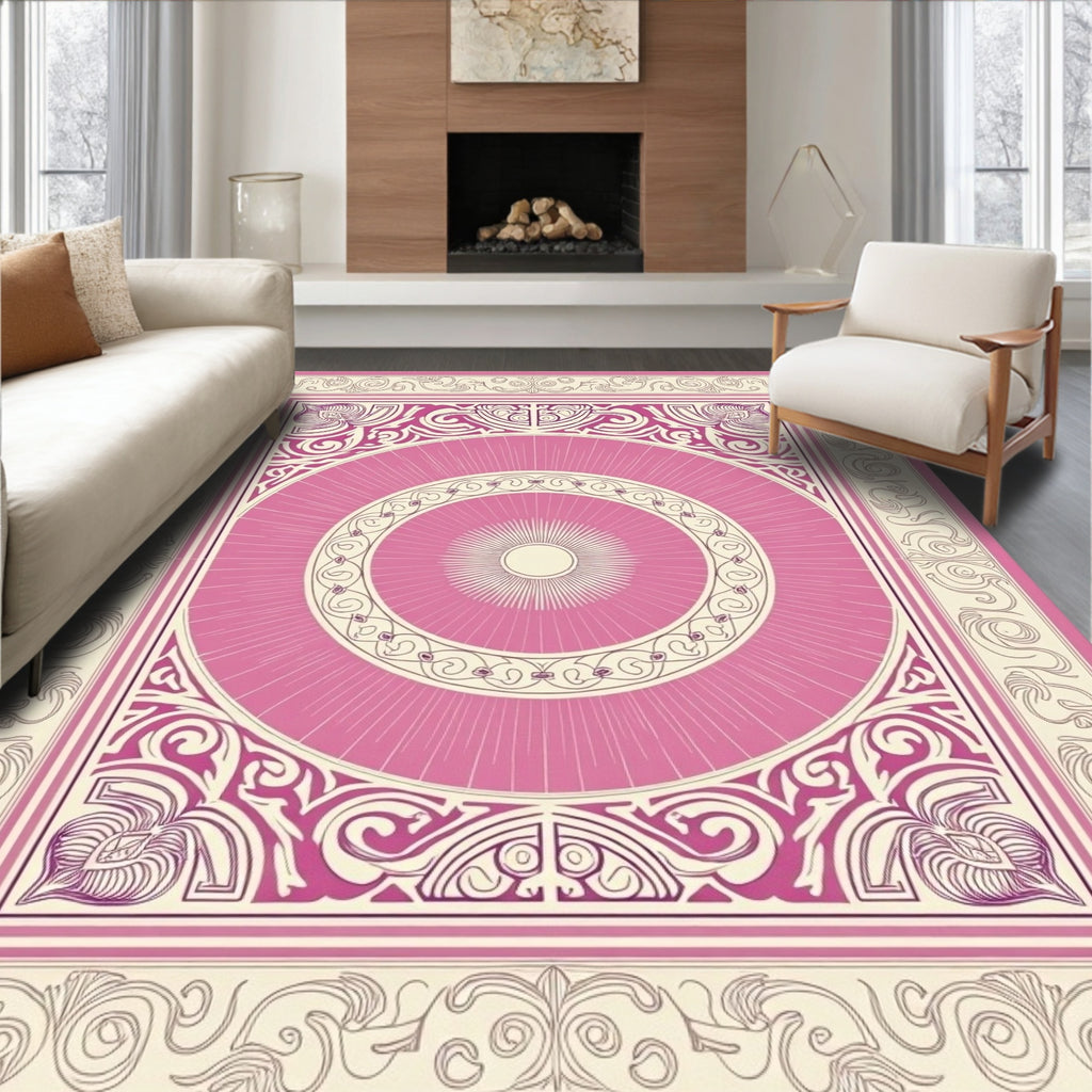Pink Cream Sunburst Medallion Frame Rug