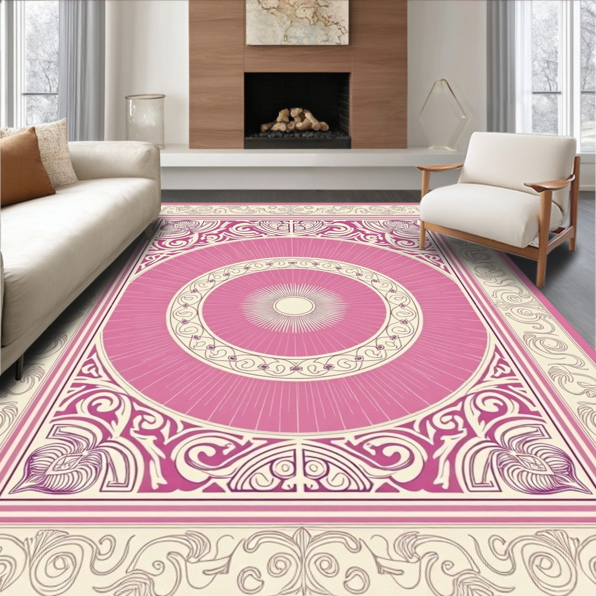 Pink Cream Sunburst Medallion Frame Rug