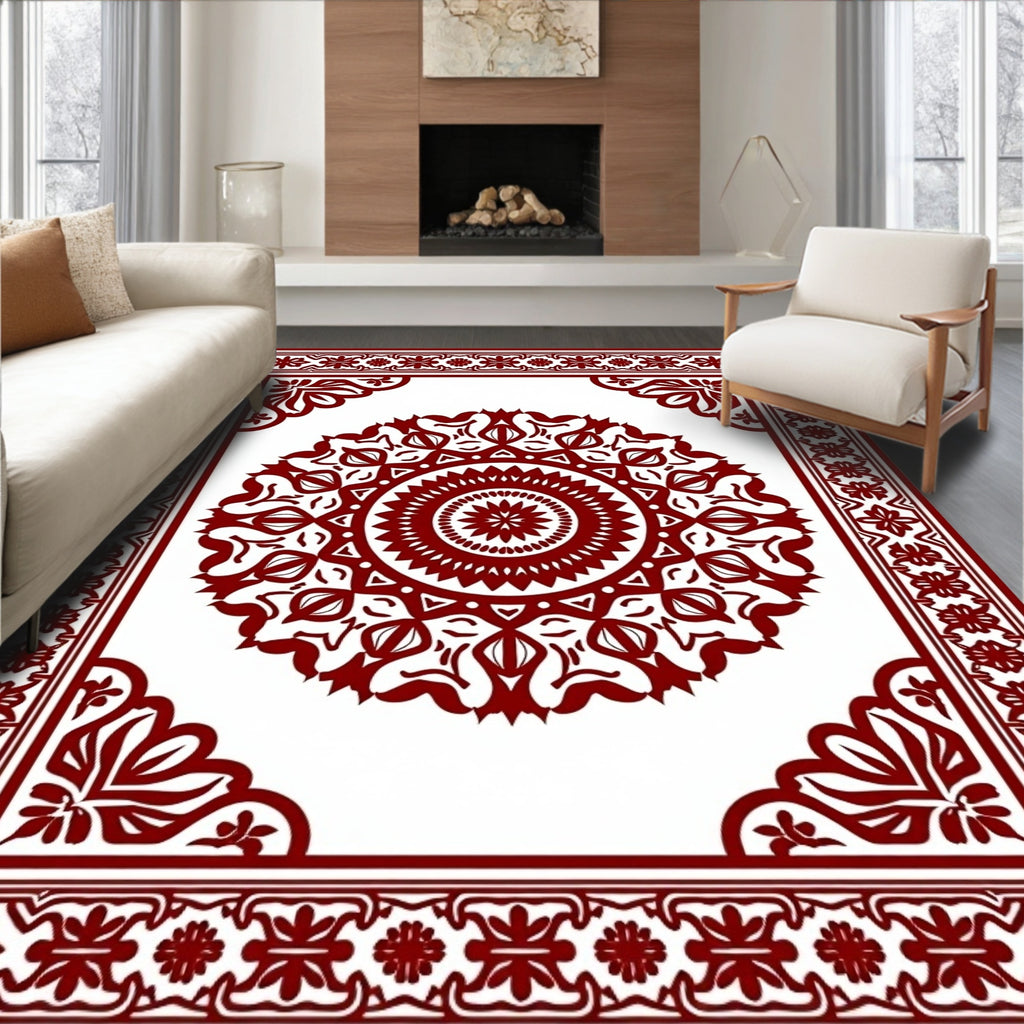 Deep Red Medallion Square Border Rug