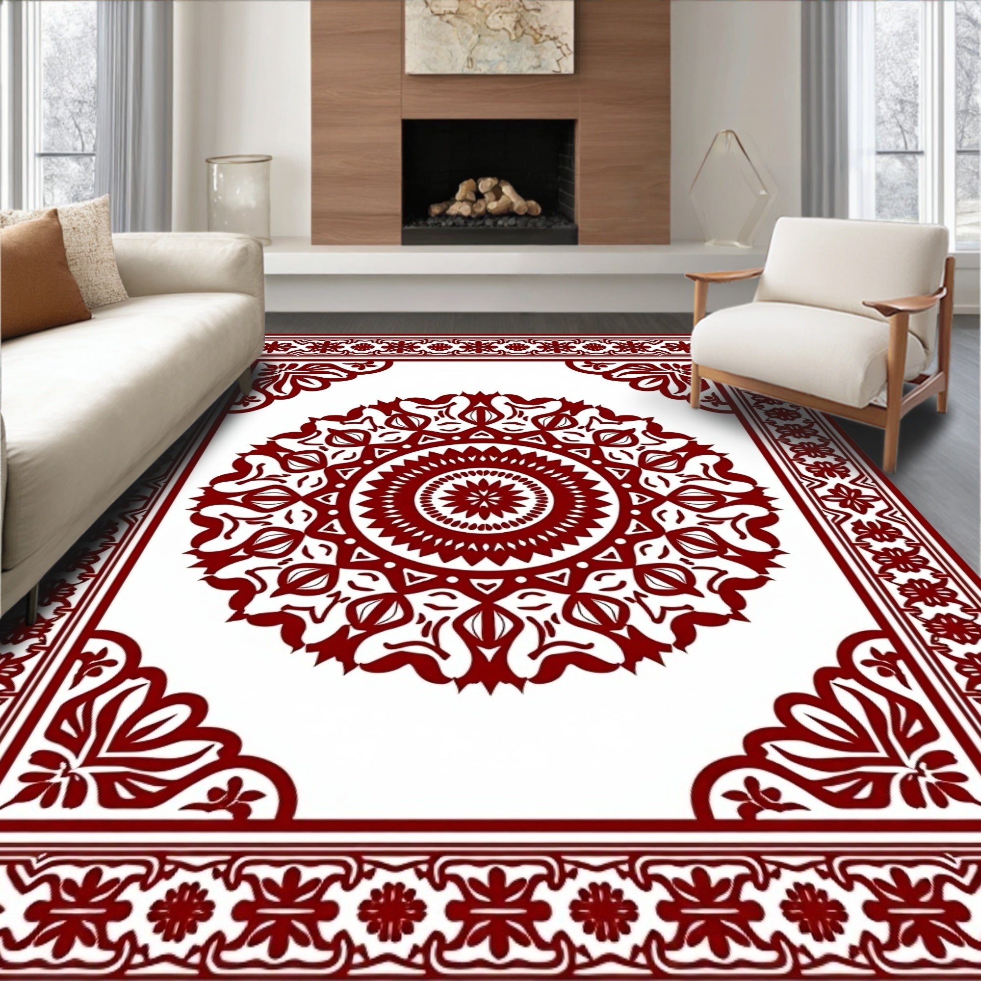 Deep Red Medallion Square Border Rug