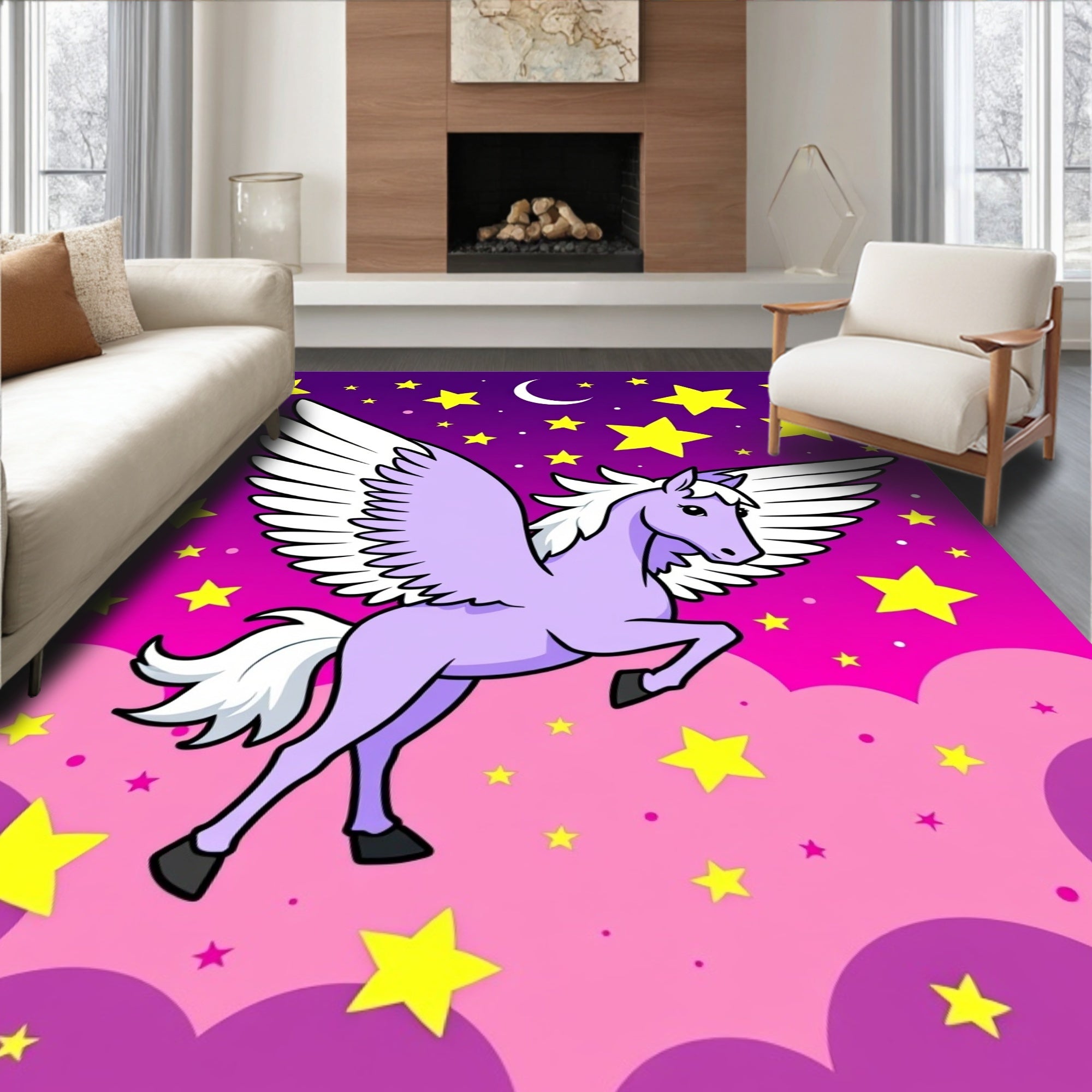 Lavender Pegasus Among Yellow Stars Rug