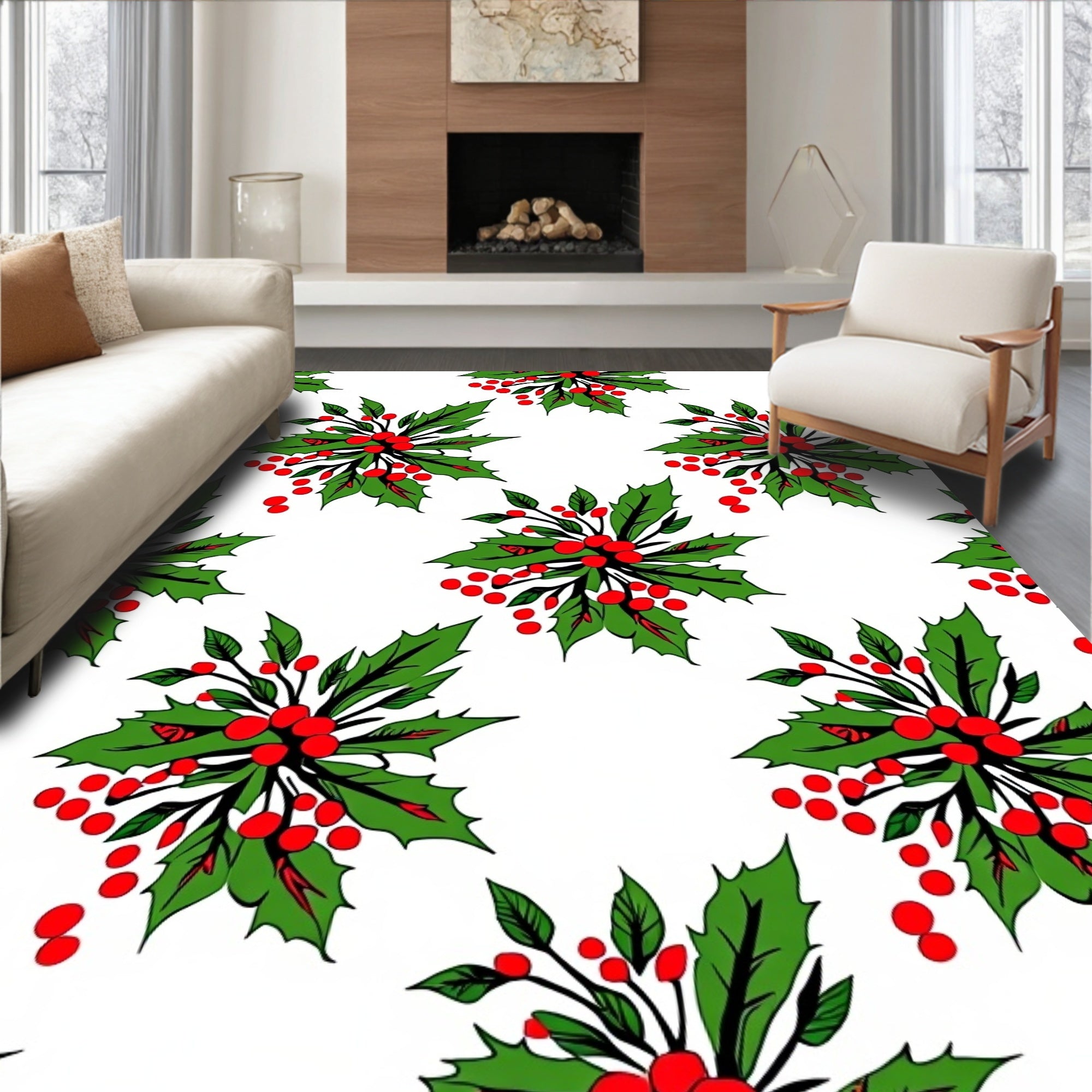 Festive Holly Berry Leaves Rug