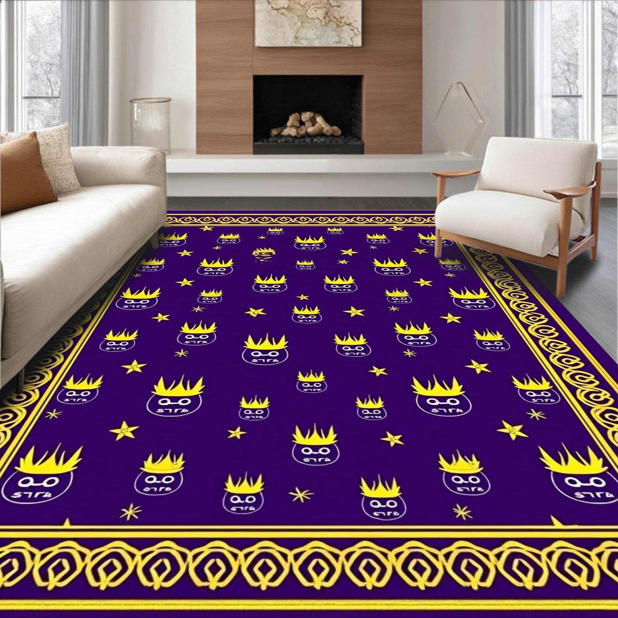 Purple Yellow Crowned Face Border Rug