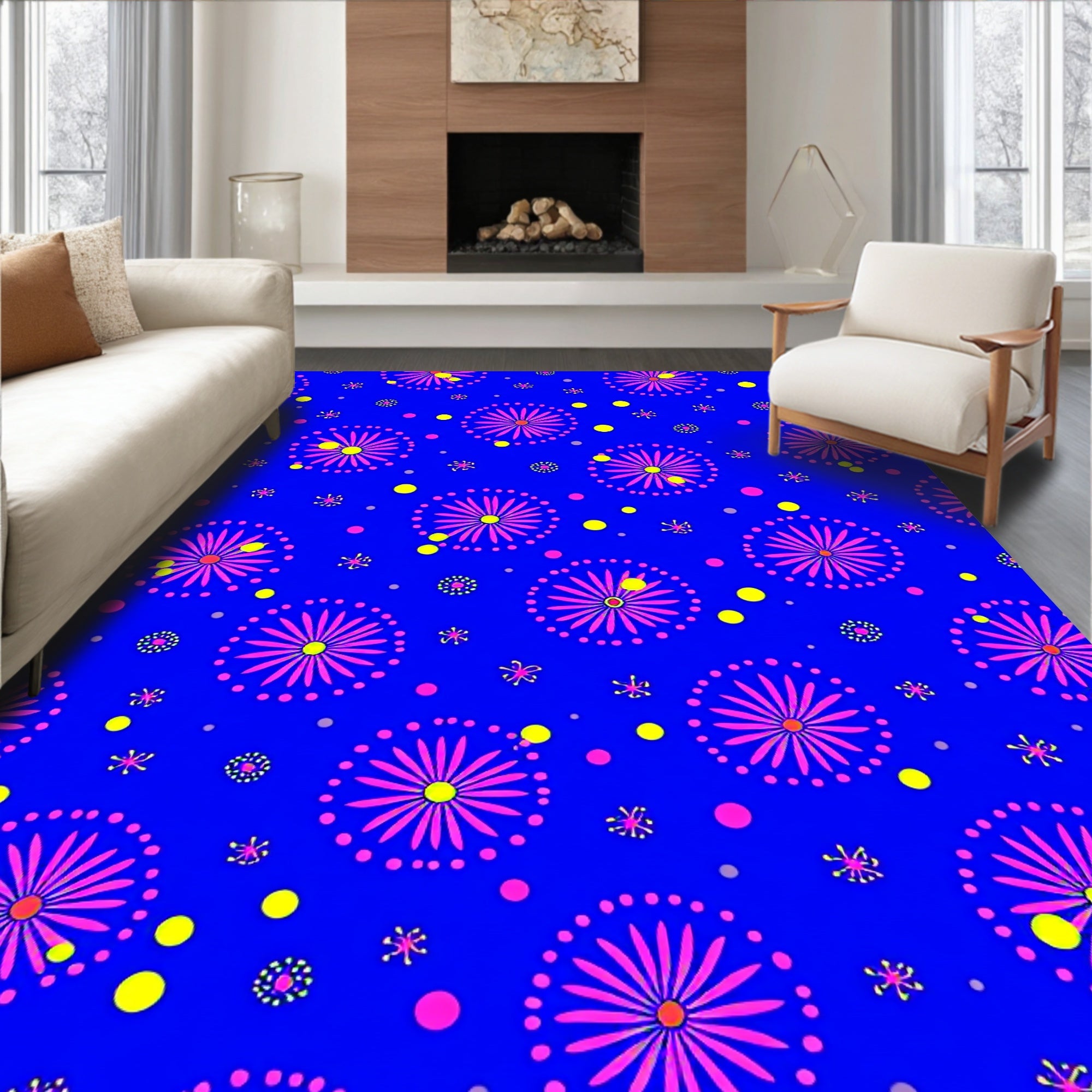 Vibrant Blue Pink Sunburst Scatter Rug