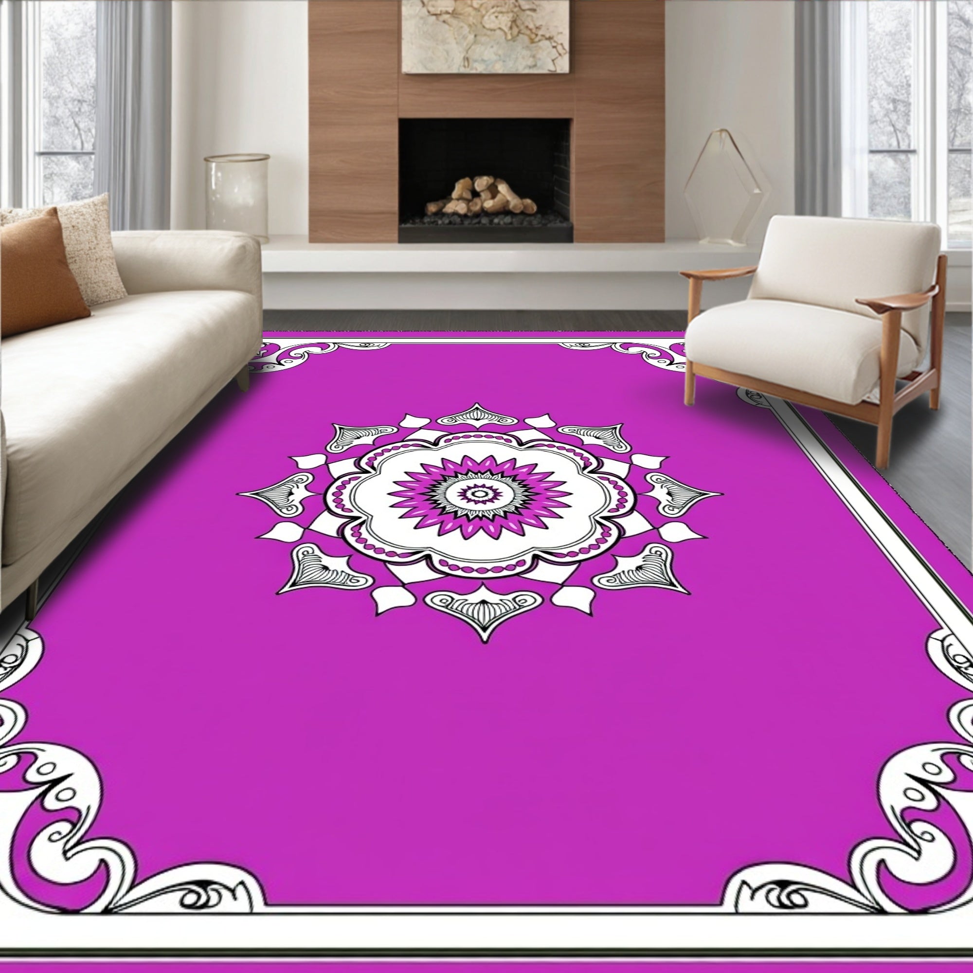 Vibrant Pink Floral Medallion Border Rug