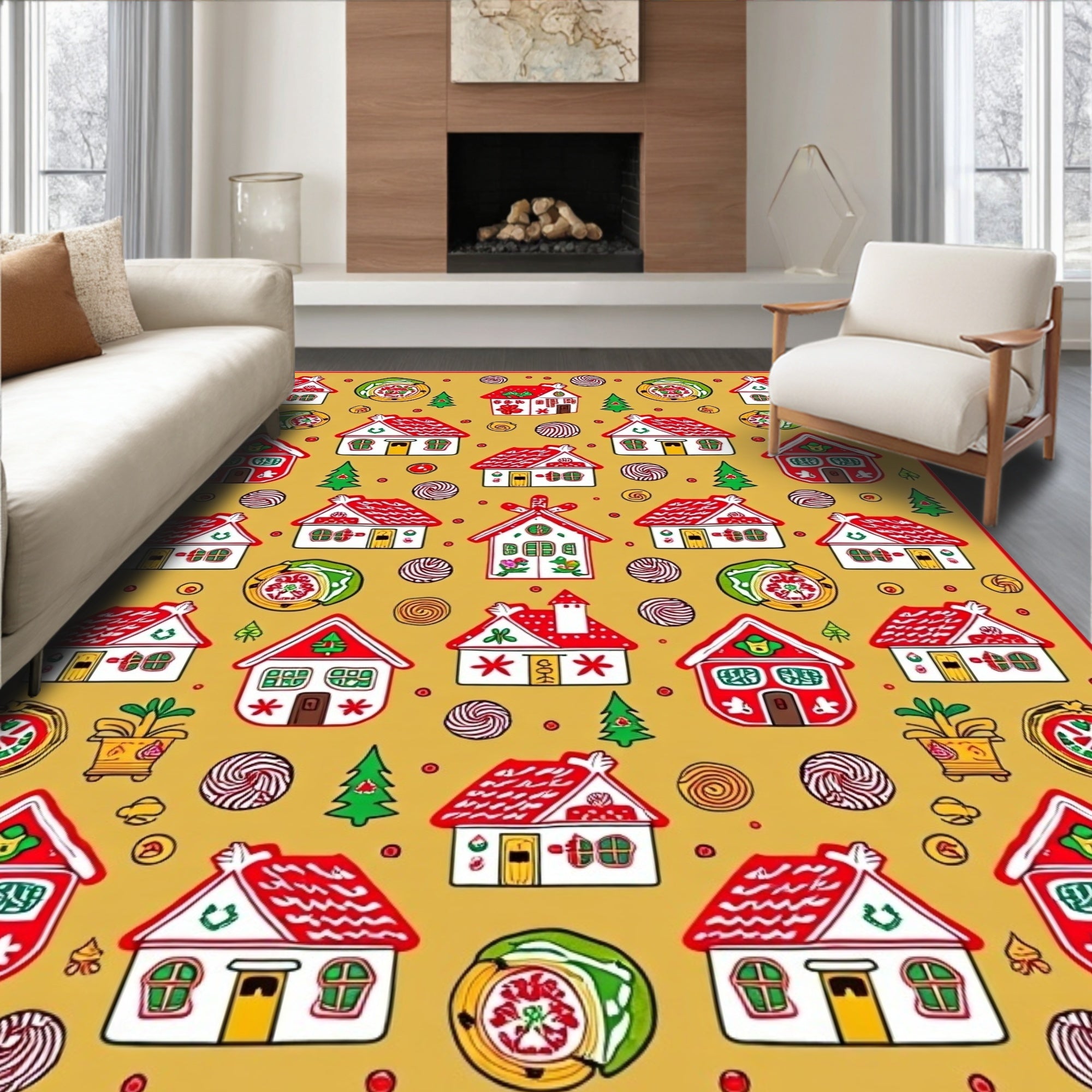 Holiday Village Red White Houses Rug