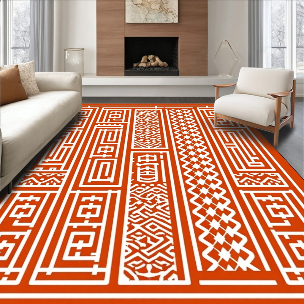 Red White Geometric Maze Panel Rug