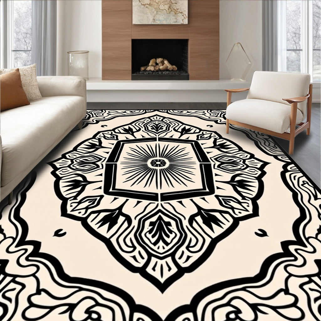 Ornate Black and Cream Mandala Rug