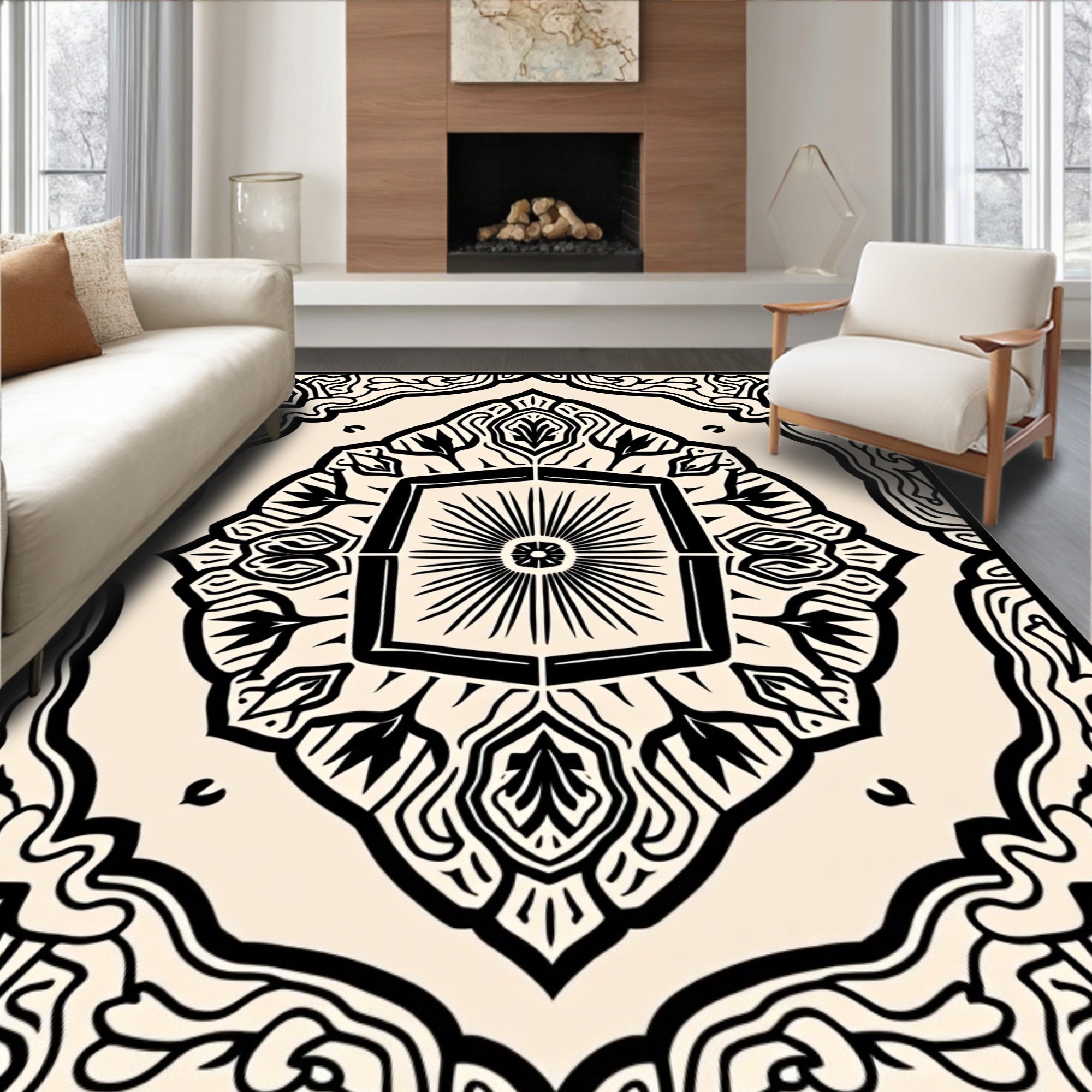 Ornate Black and Cream Mandala Rug